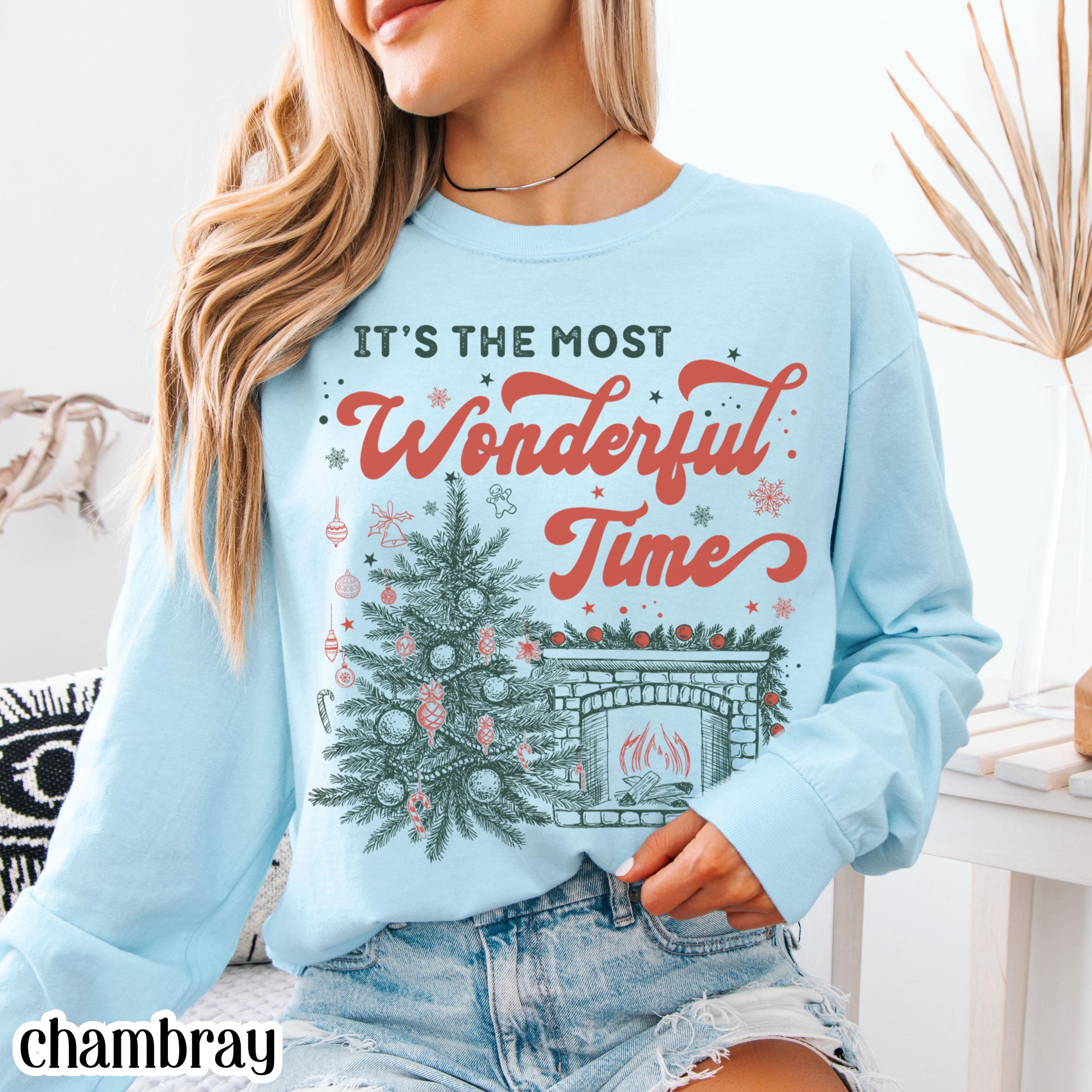 Christmas Long Sleeve Shirt – Wonderful Time of Year Holiday Tee, Festive Christmas Tree Reader Graphic Top for Women
