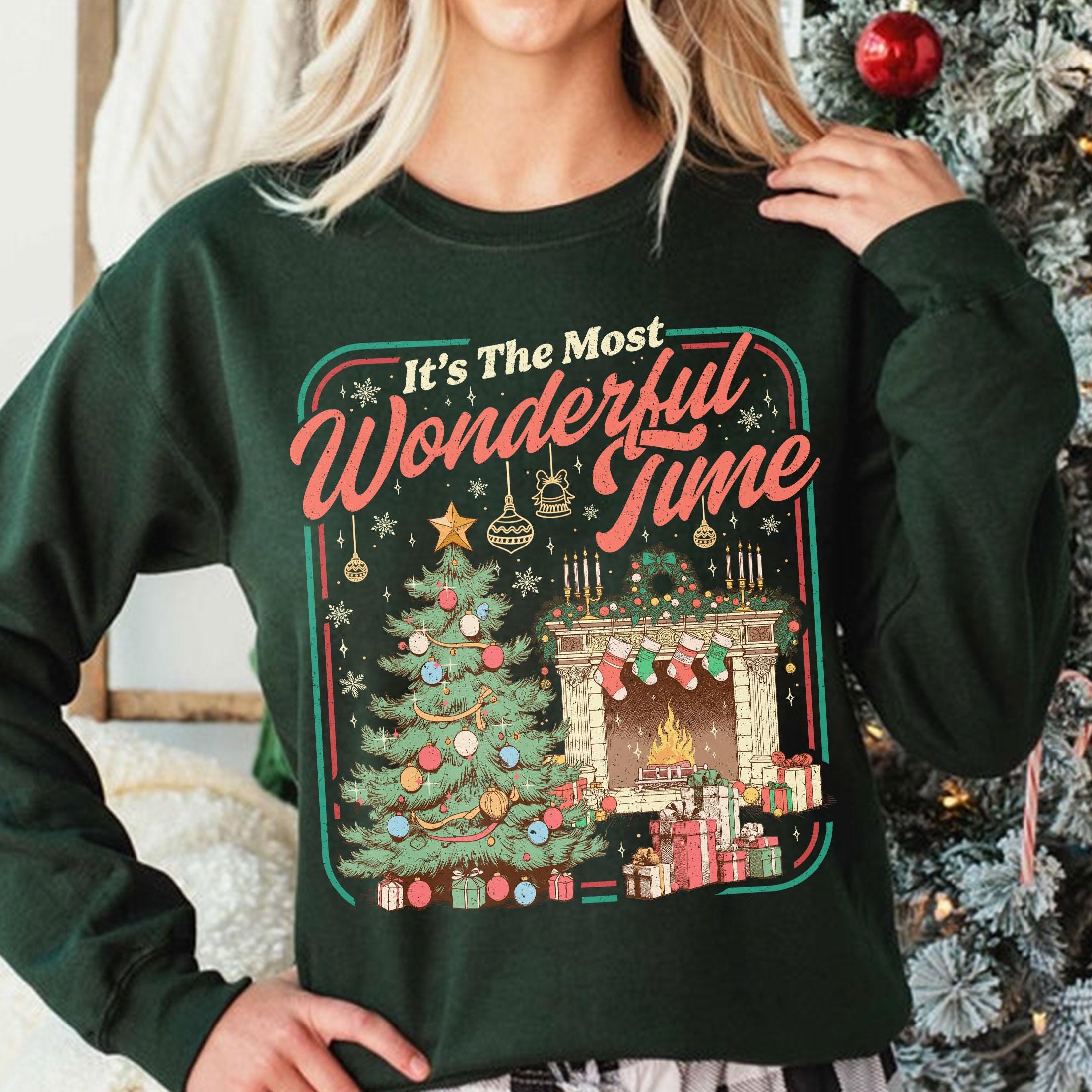 Christmas Cozy It’s the Most Wonderful Time Sweatshirt – Retro Christmas Tree Sweater, Holiday Party Crewneck for Women
