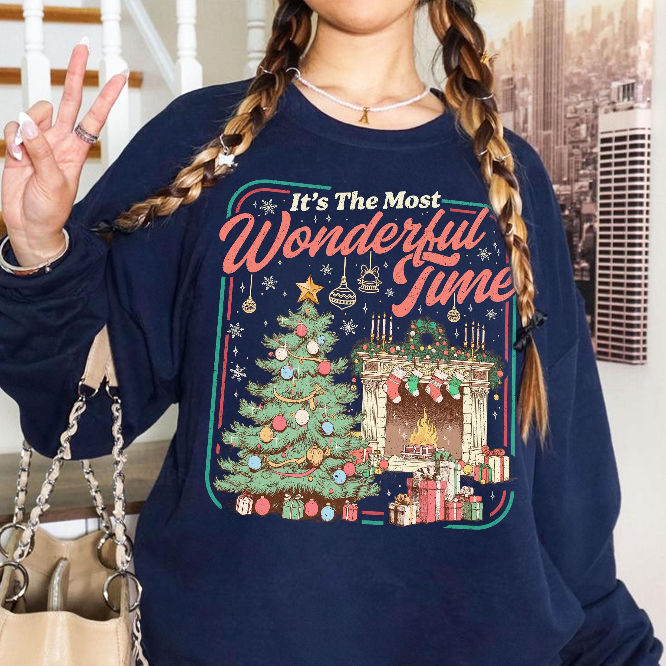 Christmas Cozy It’s the Most Wonderful Time Sweatshirt – Retro Christmas Tree Sweater, Holiday Party Crewneck for Women