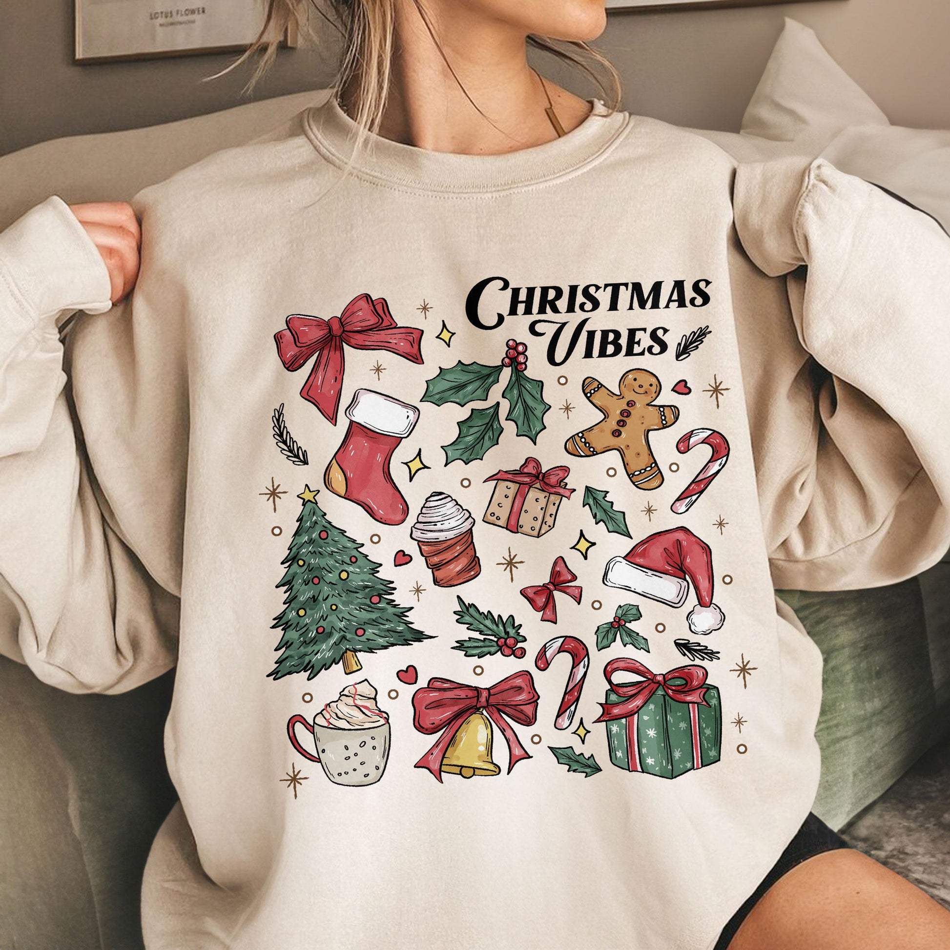 Christmas Vibes Sweatshirt – Tis The Season Holiday Crewneck, Merry & Bright Gift