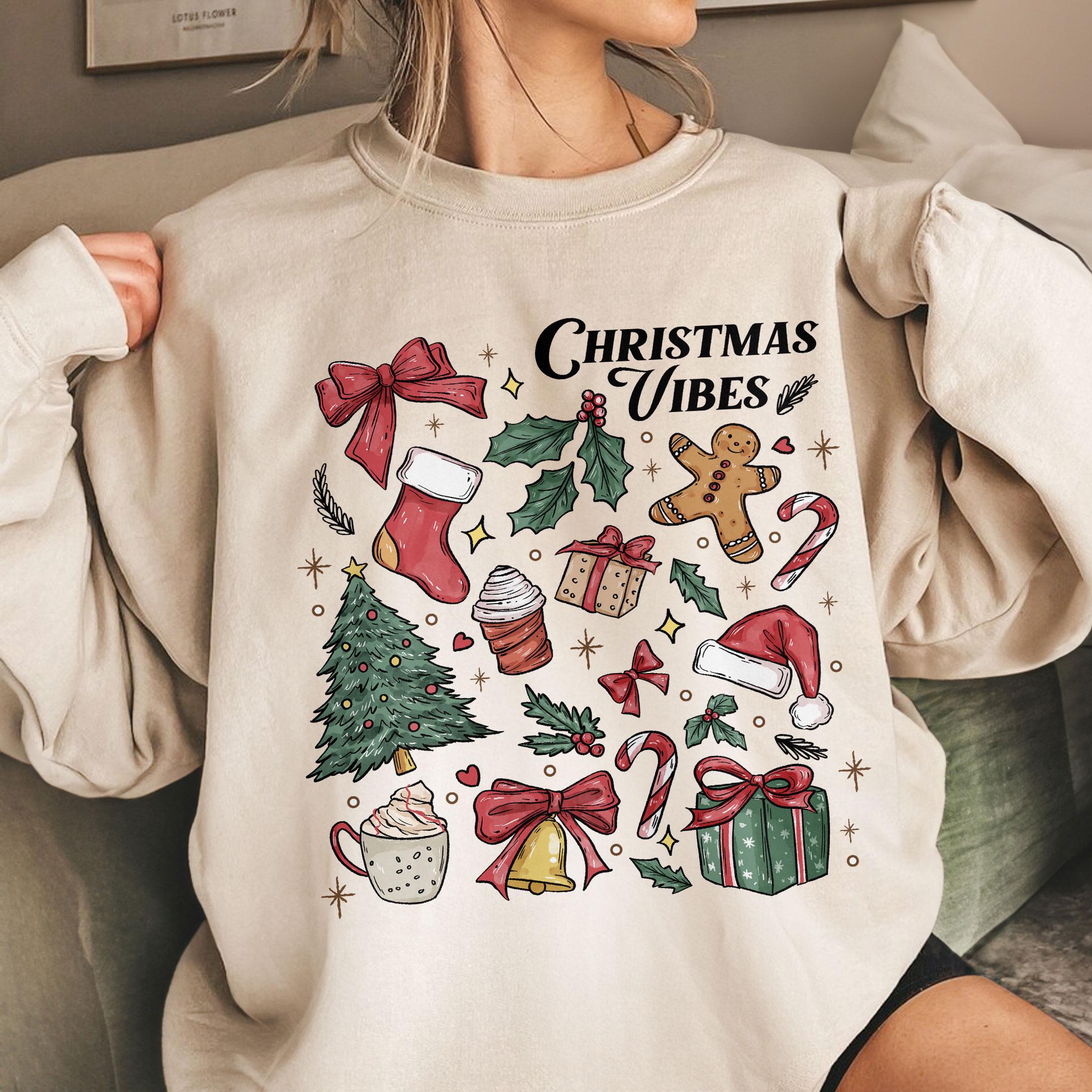 Christmas Vibes Sweatshirt – Tis The Season Holiday Crewneck, Merry & Bright Gift