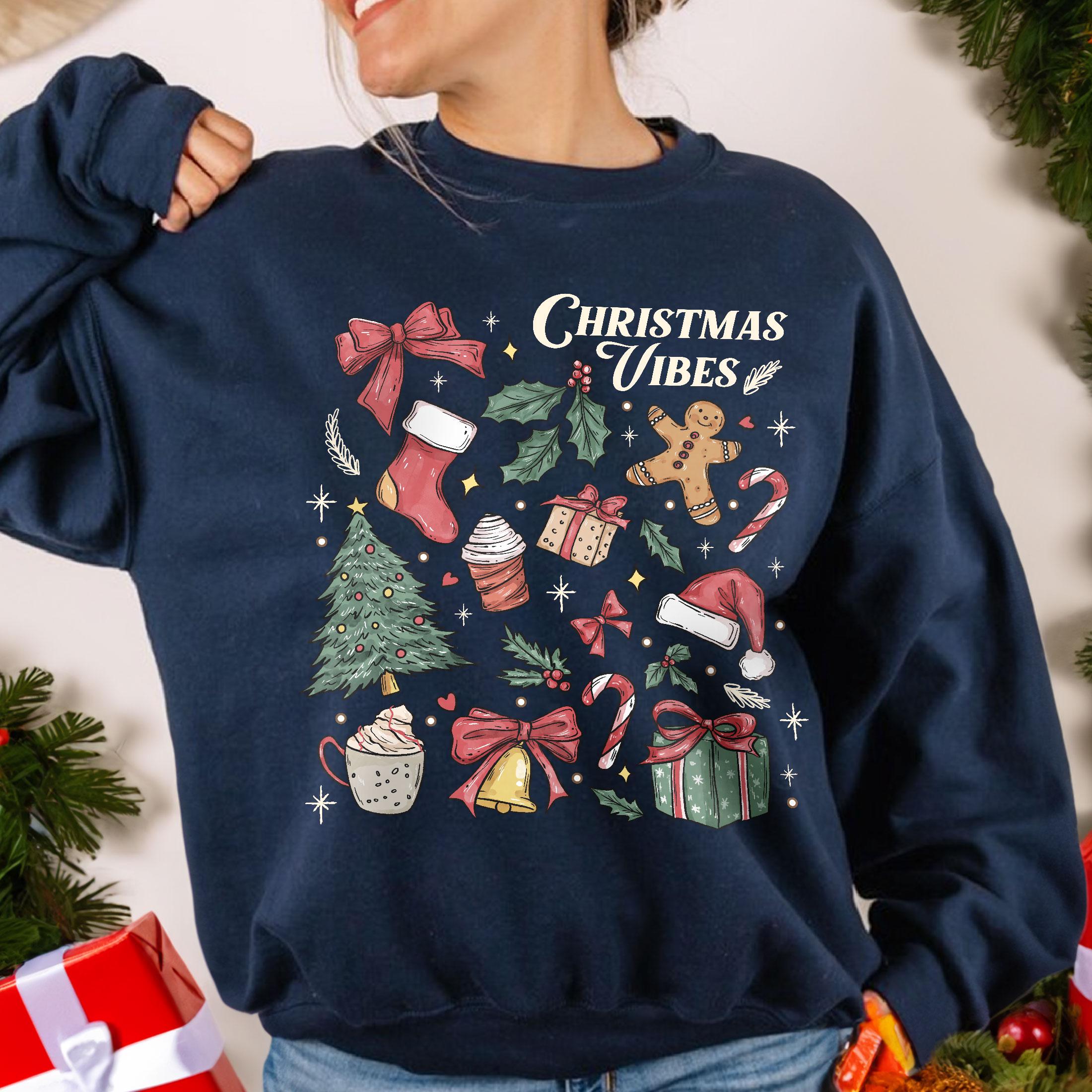 Christmas Vibes Sweatshirt – Tis The Season Holiday Crewneck, Merry & Bright Gift