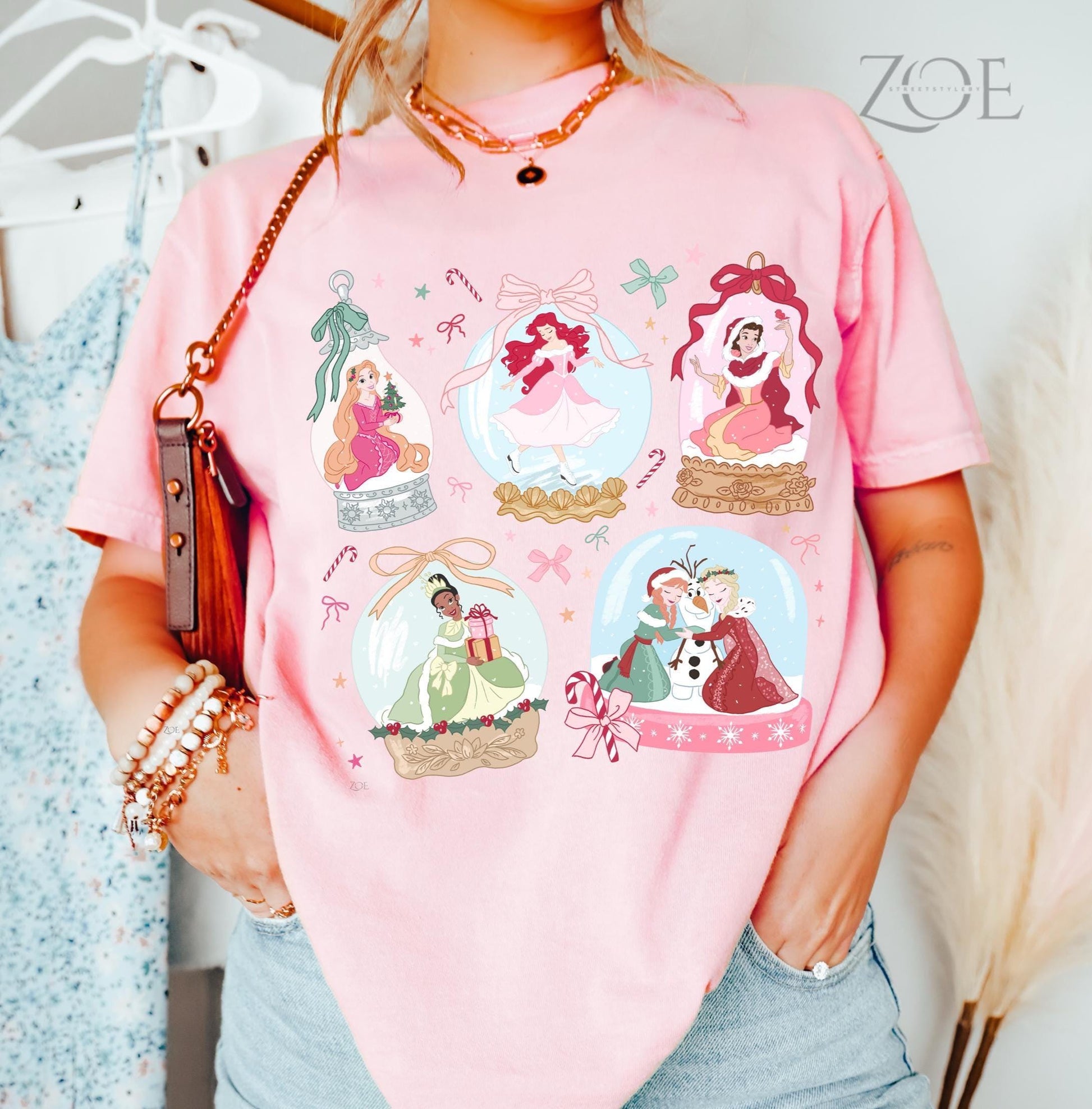 Christmas Princess Coquette Tee – Snow Globe Rapunzel Tiana Ariel Snow White Anna Elsa – Cute Holiday Trip Shirt