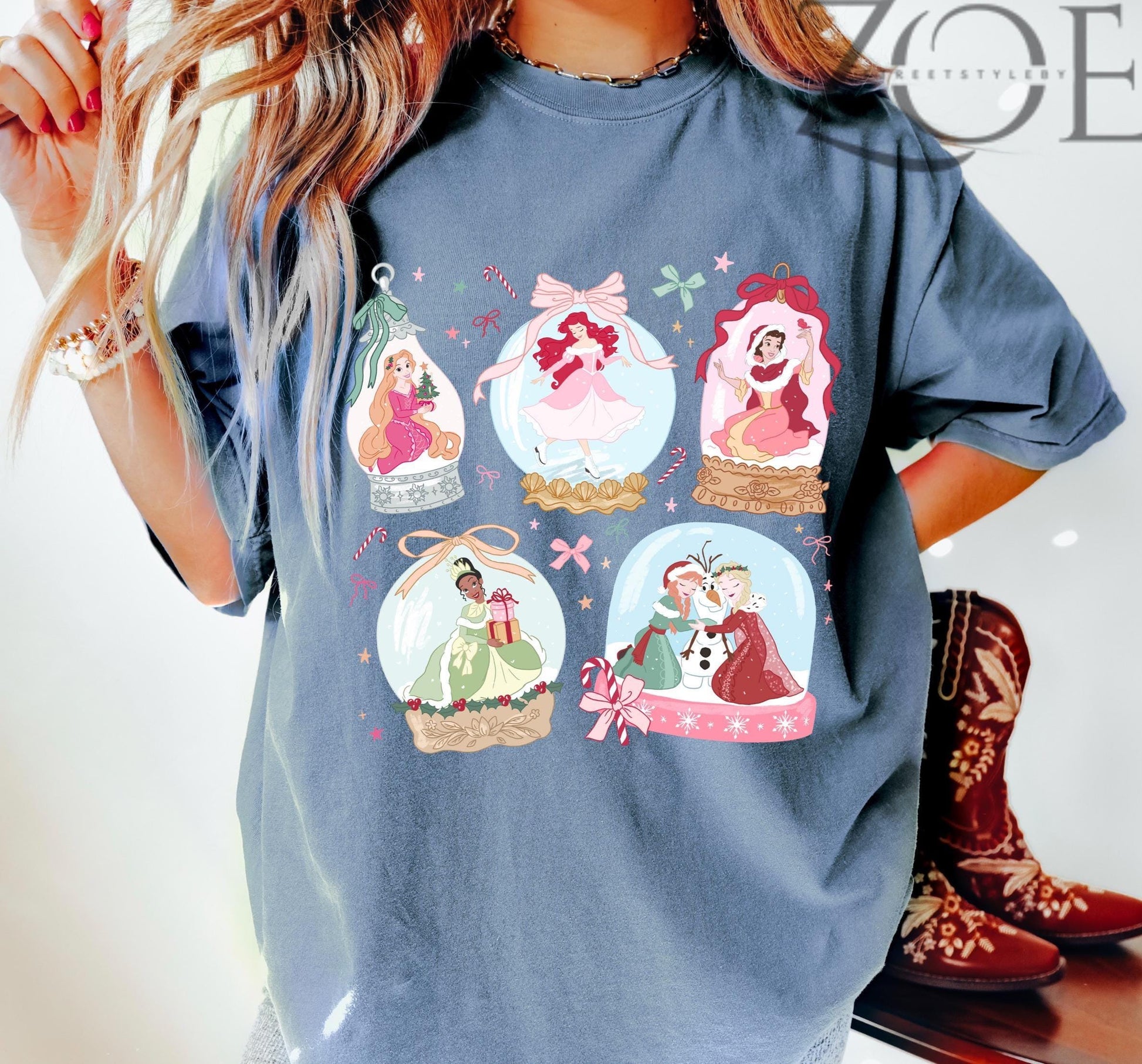 Christmas Princess Coquette Tee – Snow Globe Rapunzel Tiana Ariel Snow White Anna Elsa – Cute Holiday Trip Shirt