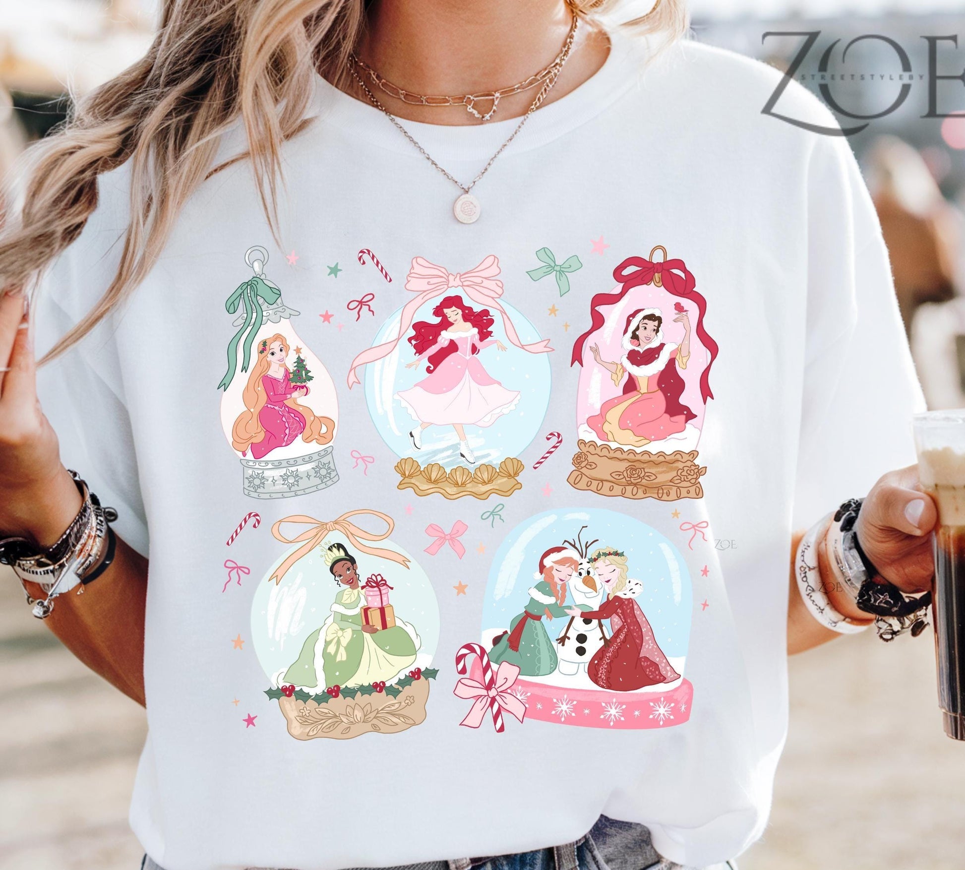 Christmas Princess Coquette Tee – Snow Globe Rapunzel Tiana Ariel Snow White Anna Elsa – Cute Holiday Trip Shirt
