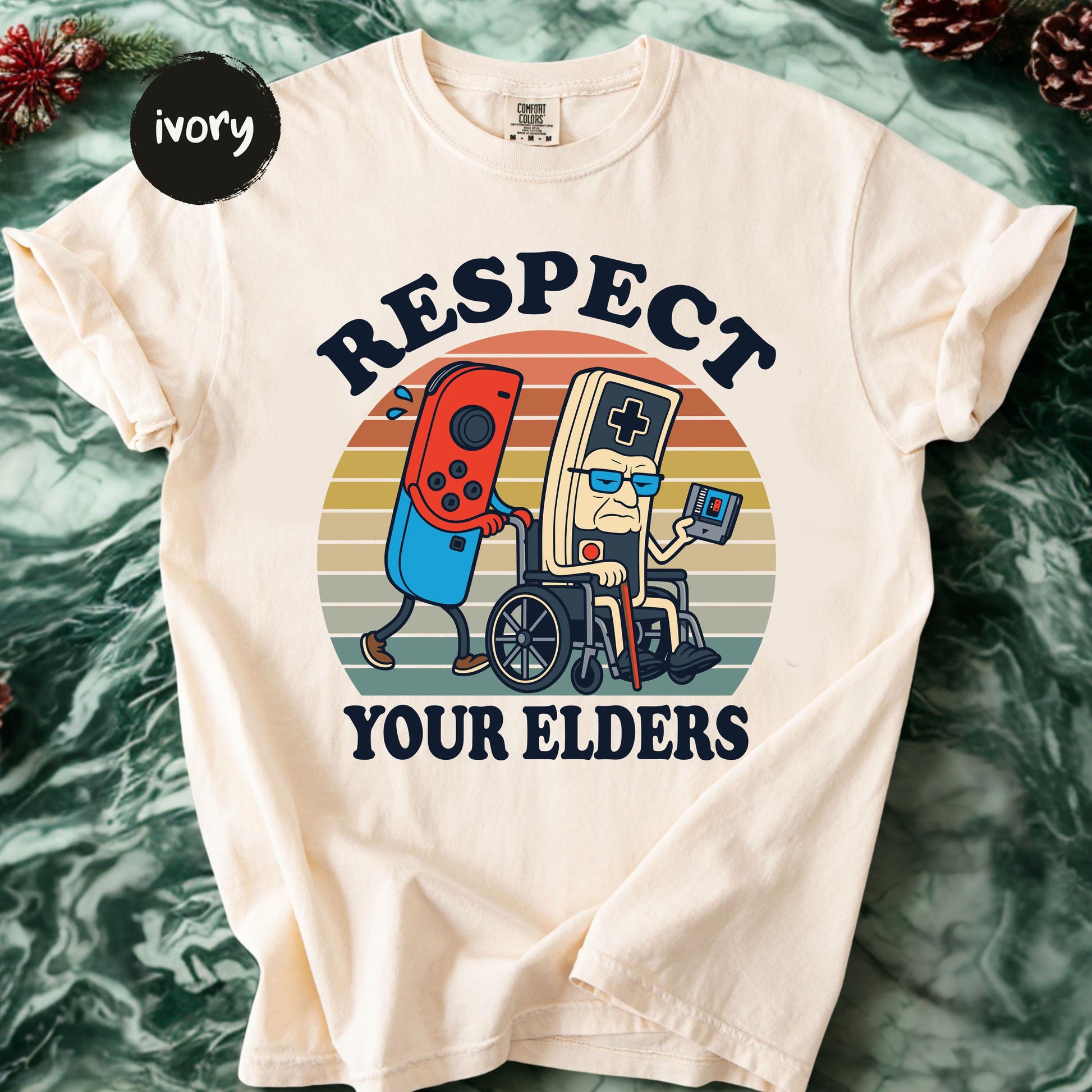Retro Gaming Respect Your Elders Shirt – Funny Gamer Controller 80s T-Shirt for Video Game Lovers