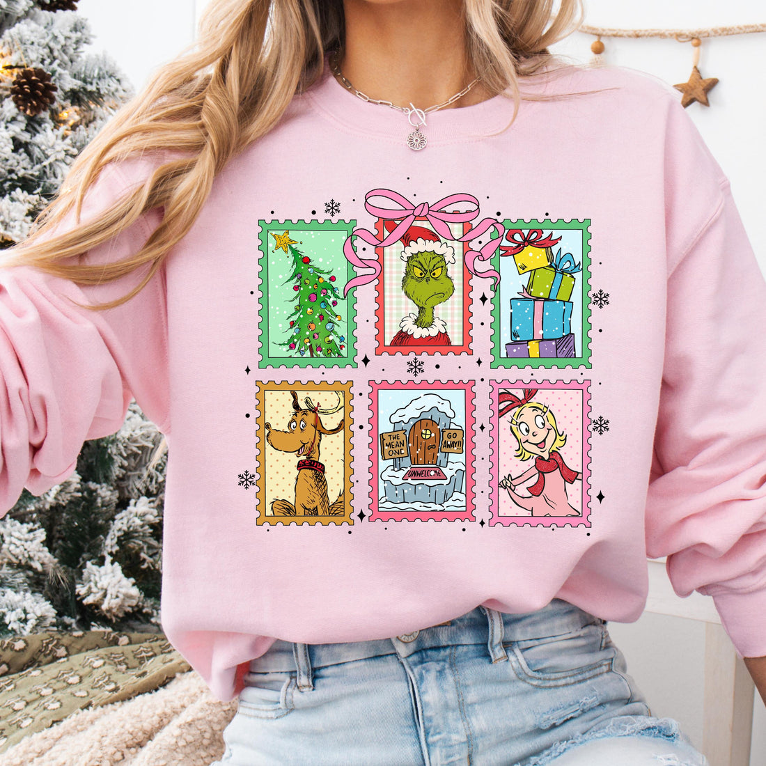 Grinch Christmas Stamp Sweatshirt – Coquette Grinchmas Movie Sweater