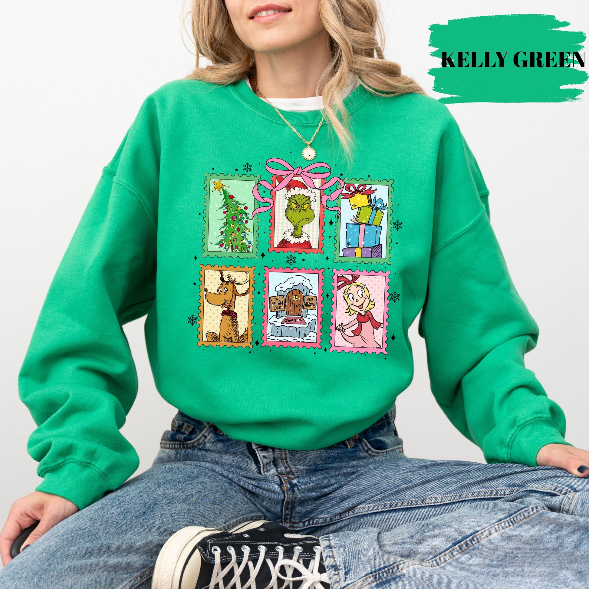 Coquette Grinch Christmas Stamp Sweatshirt – Cute Grinchmas Movie Pullover
