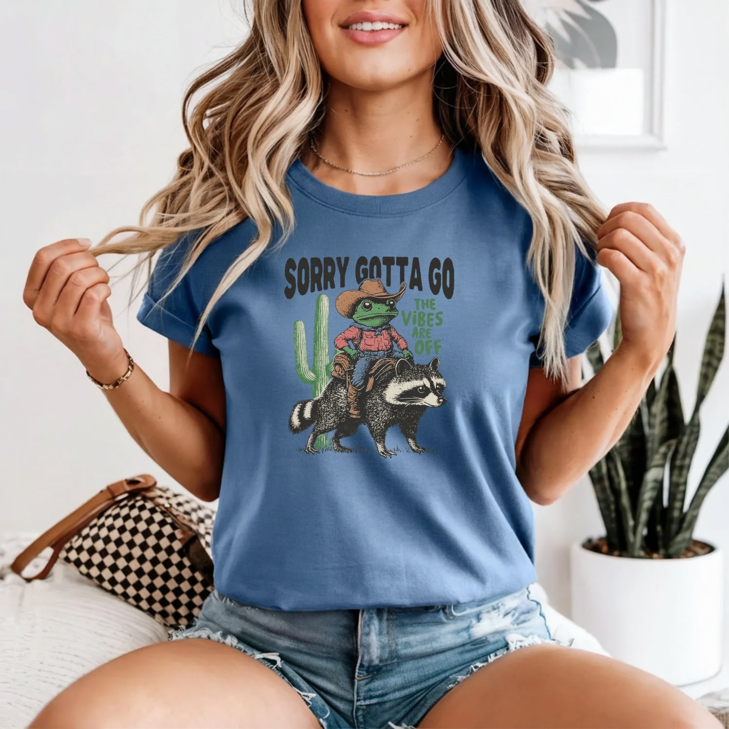 Cowboy Frog & Raccoon Sorry Gotta Go T-Shirt - The Vibes Are Off Funny Western Tee