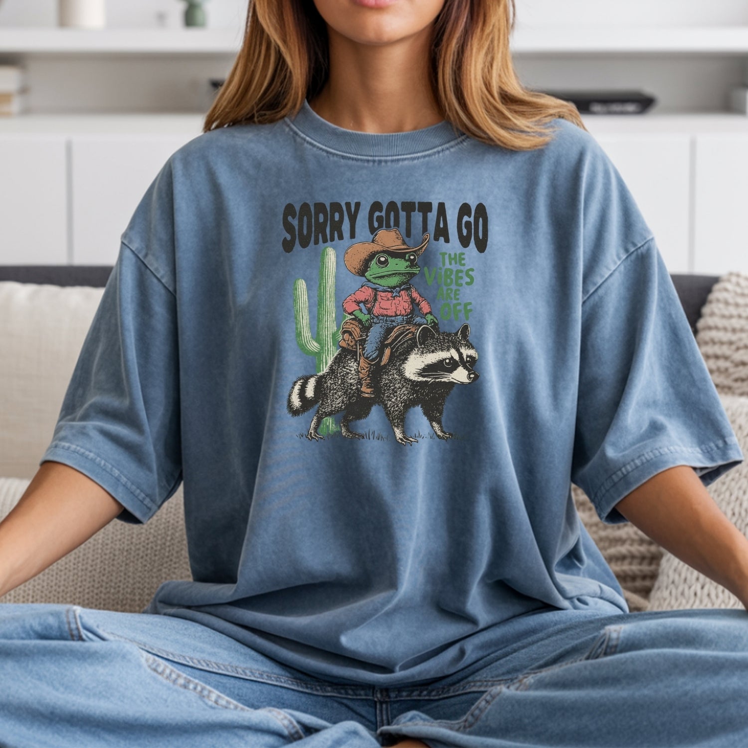 Cowboy Frog & Raccoon Sorry Gotta Go T-Shirt - The Vibes Are Off Funny Western Tee