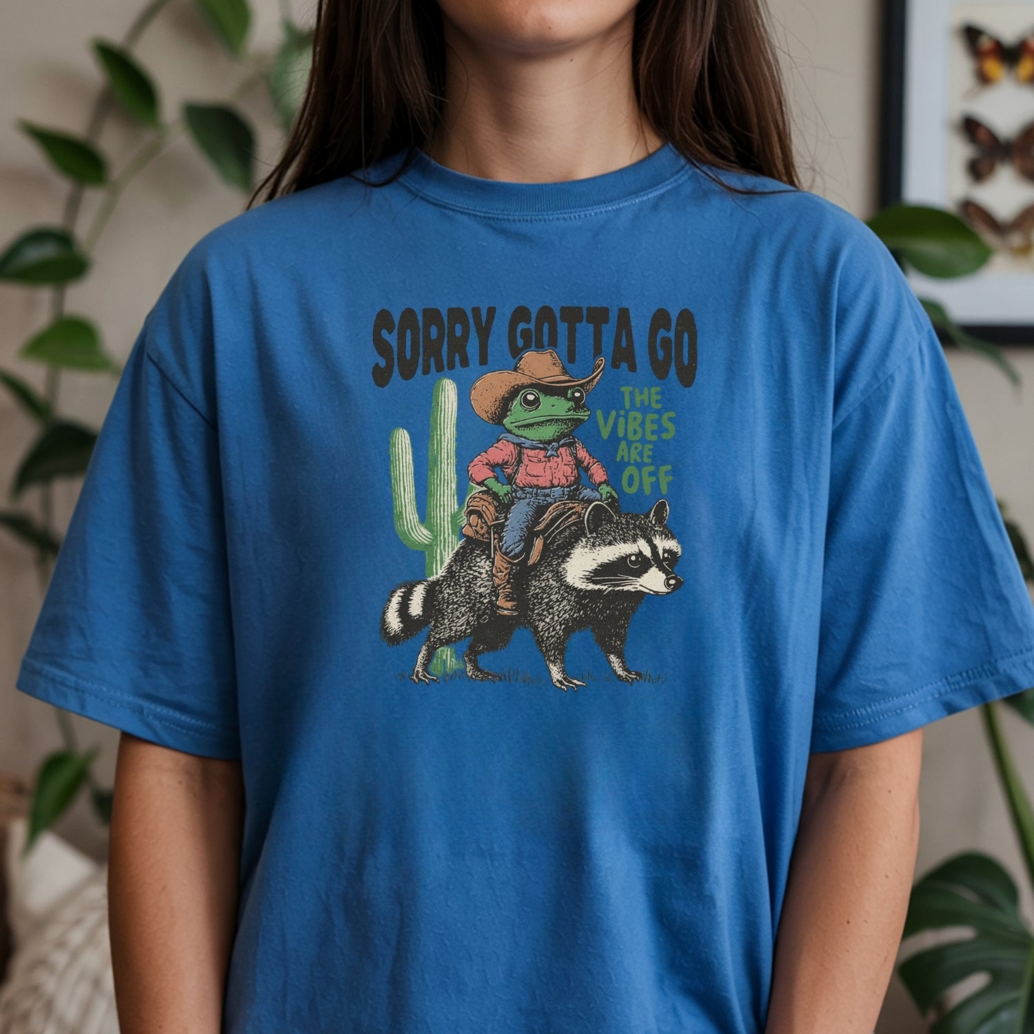 Cowboy Frog & Raccoon Sorry Gotta Go T-Shirt - The Vibes Are Off Funny Western Tee