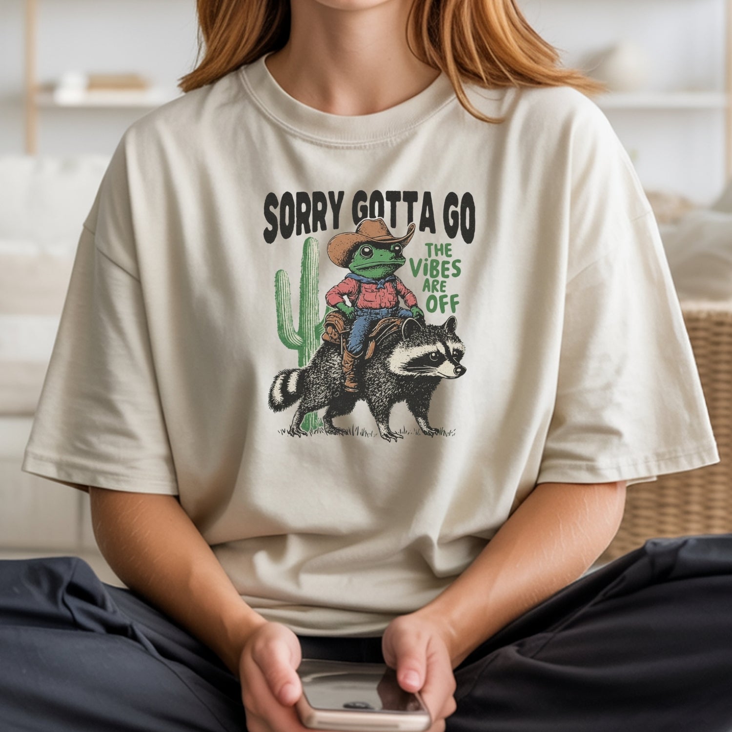 Cowboy Frog & Raccoon Sorry Gotta Go T-Shirt - The Vibes Are Off Funny Western Tee