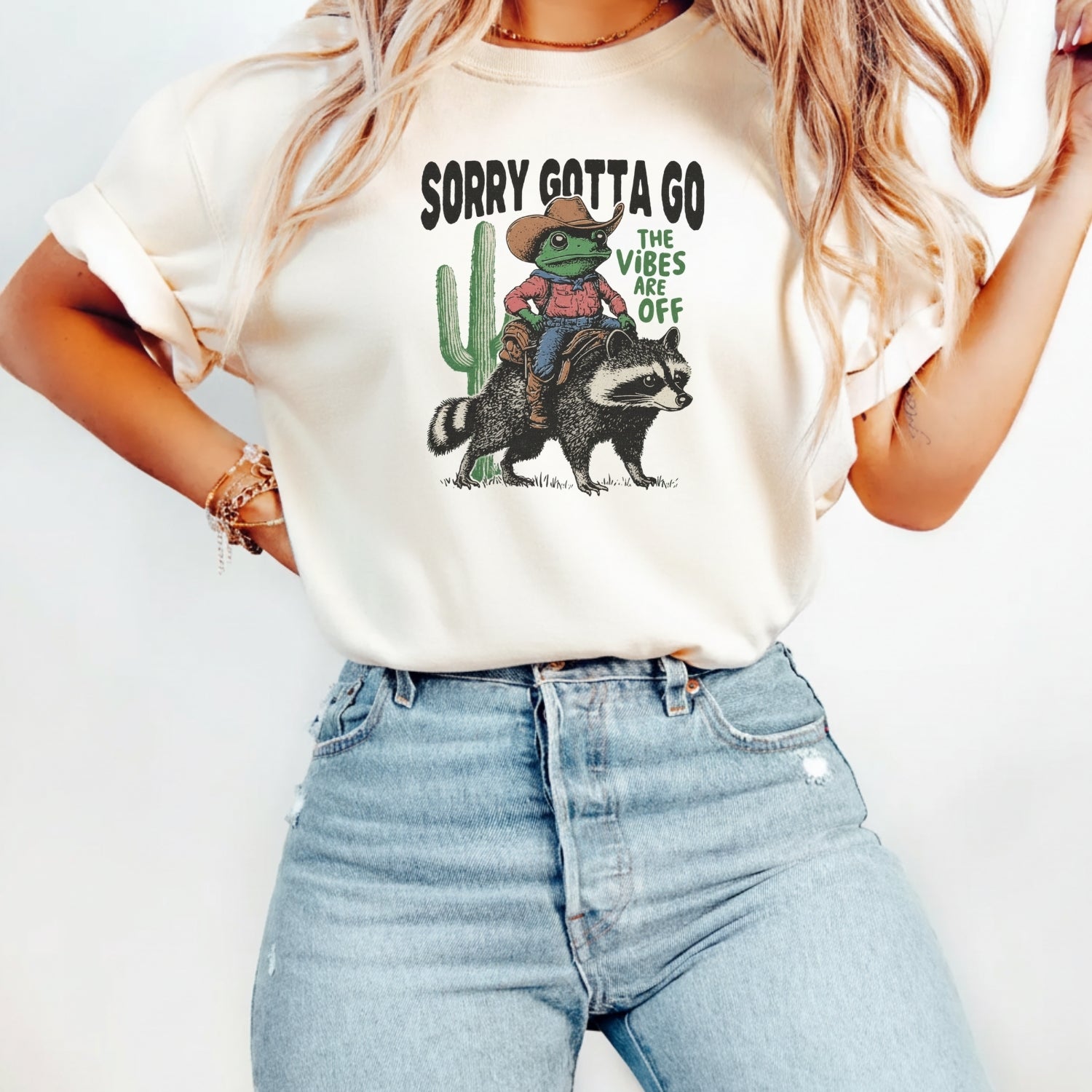 Cowboy Frog & Raccoon Sorry Gotta Go T-Shirt - The Vibes Are Off Funny Western Tee