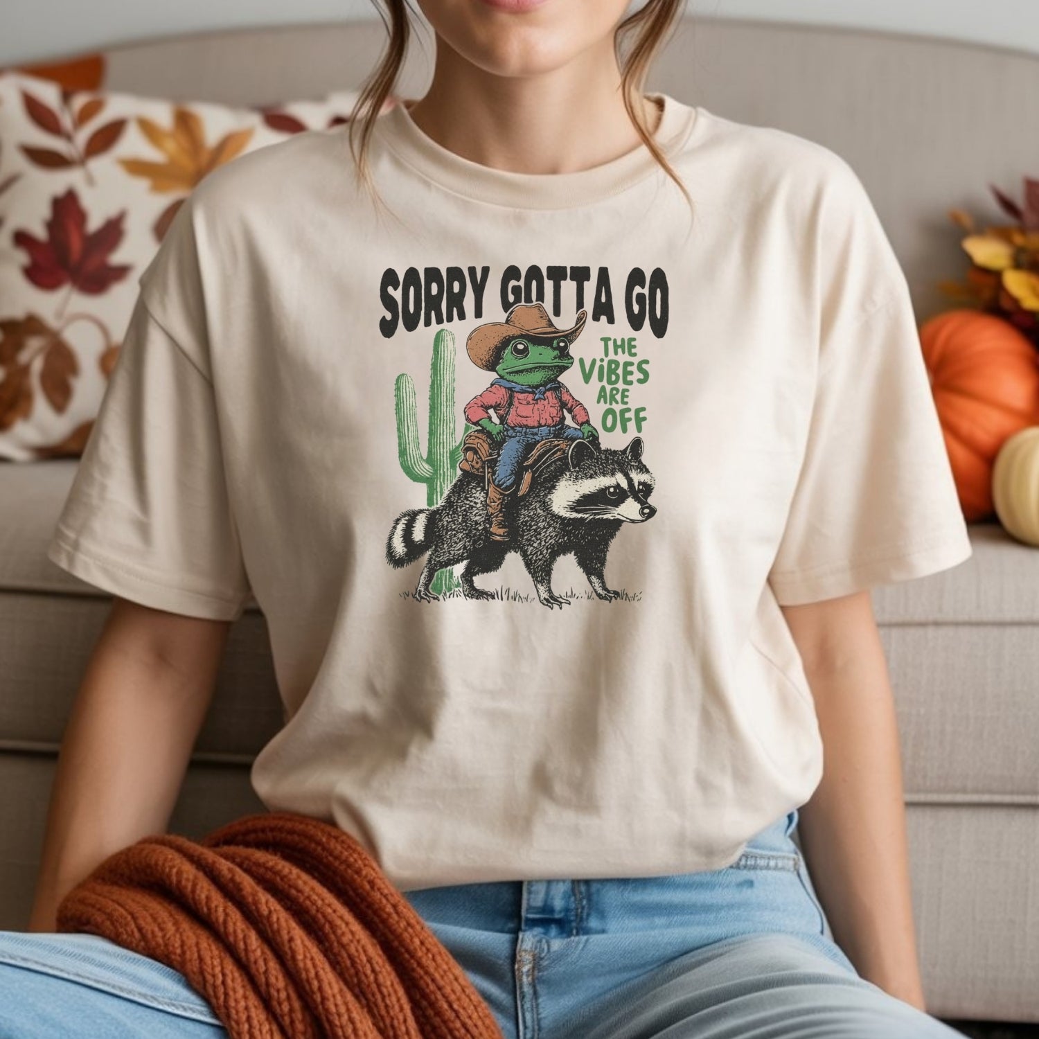 Cowboy Frog & Raccoon Sorry Gotta Go T-Shirt - The Vibes Are Off Funny Western Tee