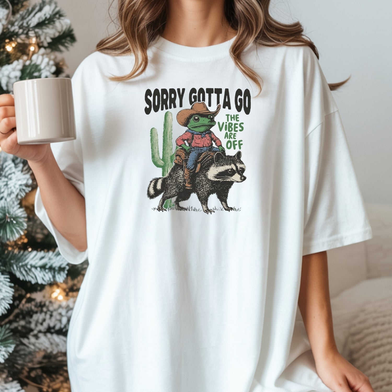 Cowboy Frog & Raccoon Sorry Gotta Go T-Shirt - The Vibes Are Off Funny Western Tee