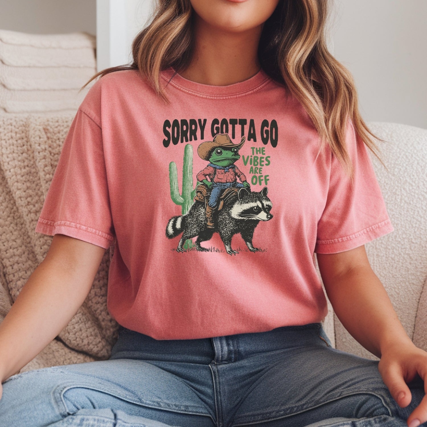 Cowboy Frog & Raccoon Sorry Gotta Go T-Shirt - The Vibes Are Off Funny Western Tee
