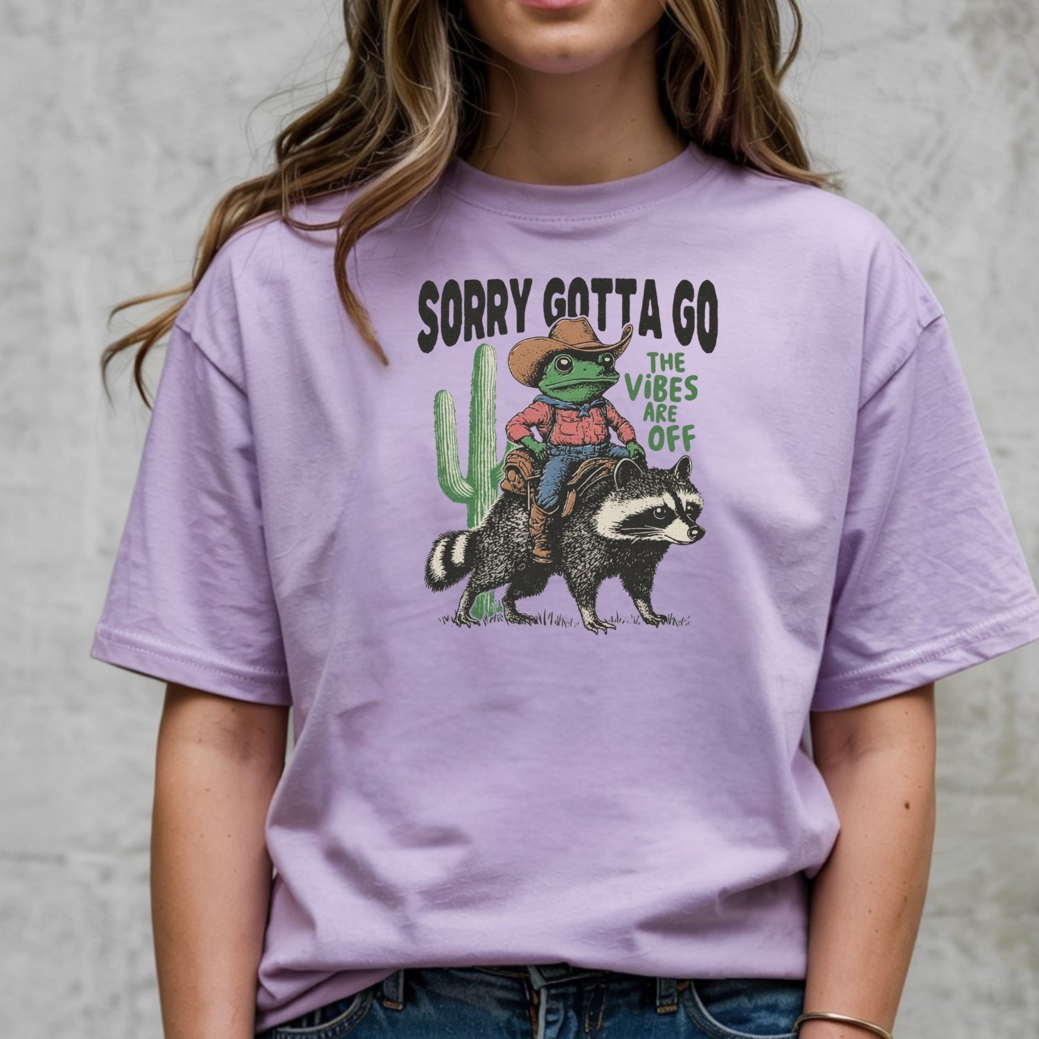 Cowboy Frog & Raccoon Sorry Gotta Go T-Shirt - The Vibes Are Off Funny Western Tee