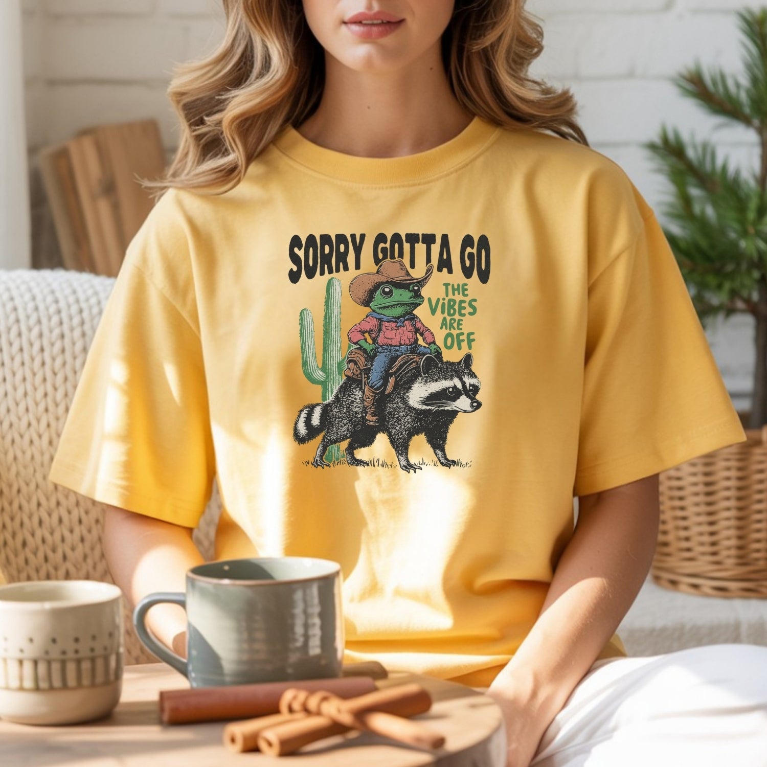Cowboy Frog & Raccoon Sorry Gotta Go T-Shirt - The Vibes Are Off Funny Western Tee