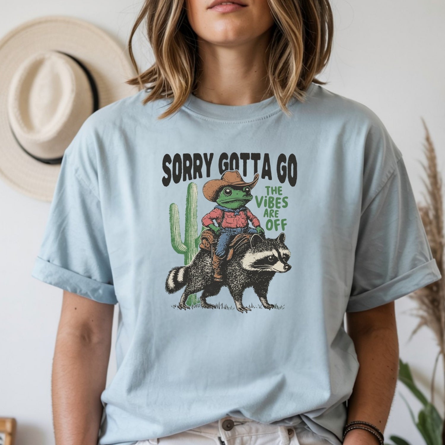Cowboy Frog & Raccoon Sorry Gotta Go T-Shirt - The Vibes Are Off Funny Western Tee