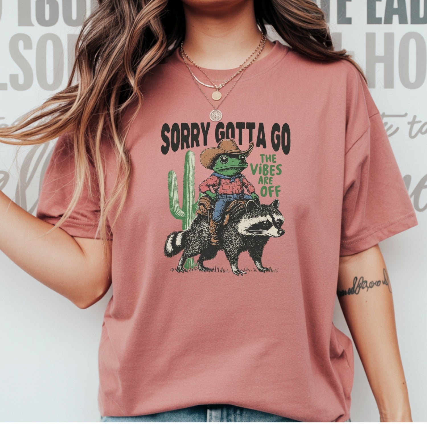 Cowboy Frog & Raccoon Sorry Gotta Go T-Shirt - The Vibes Are Off Funny Western Tee
