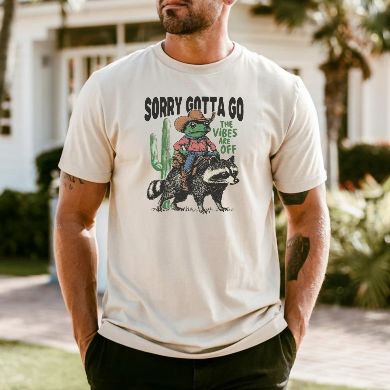 Cowboy Frog & Raccoon Sorry Gotta Go T-Shirt - The Vibes Are Off Funny Western Tee