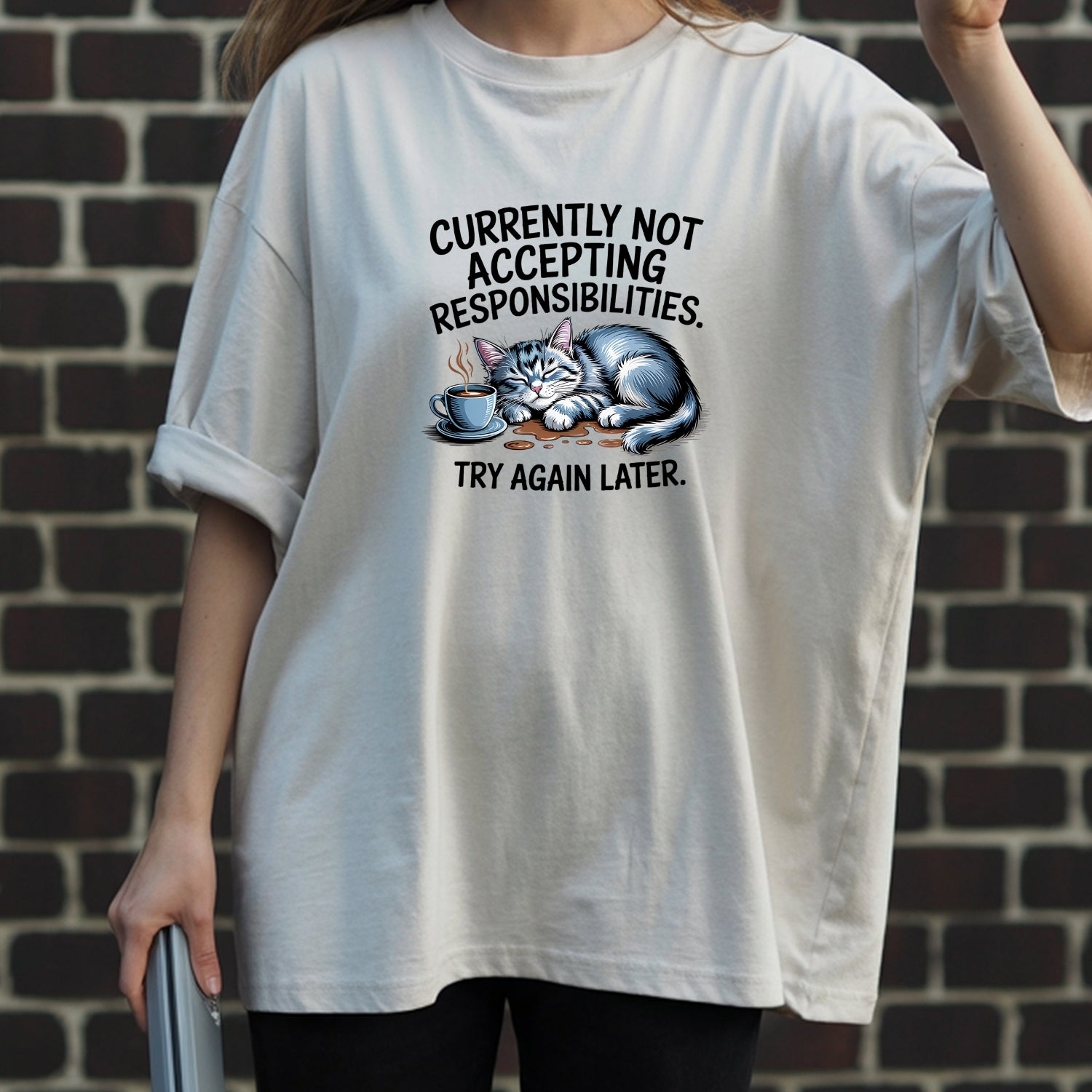 Currently Not Accepting Responsibilities Try Again T-Shirt - Funny Cat Sarcastic Graphic Tee