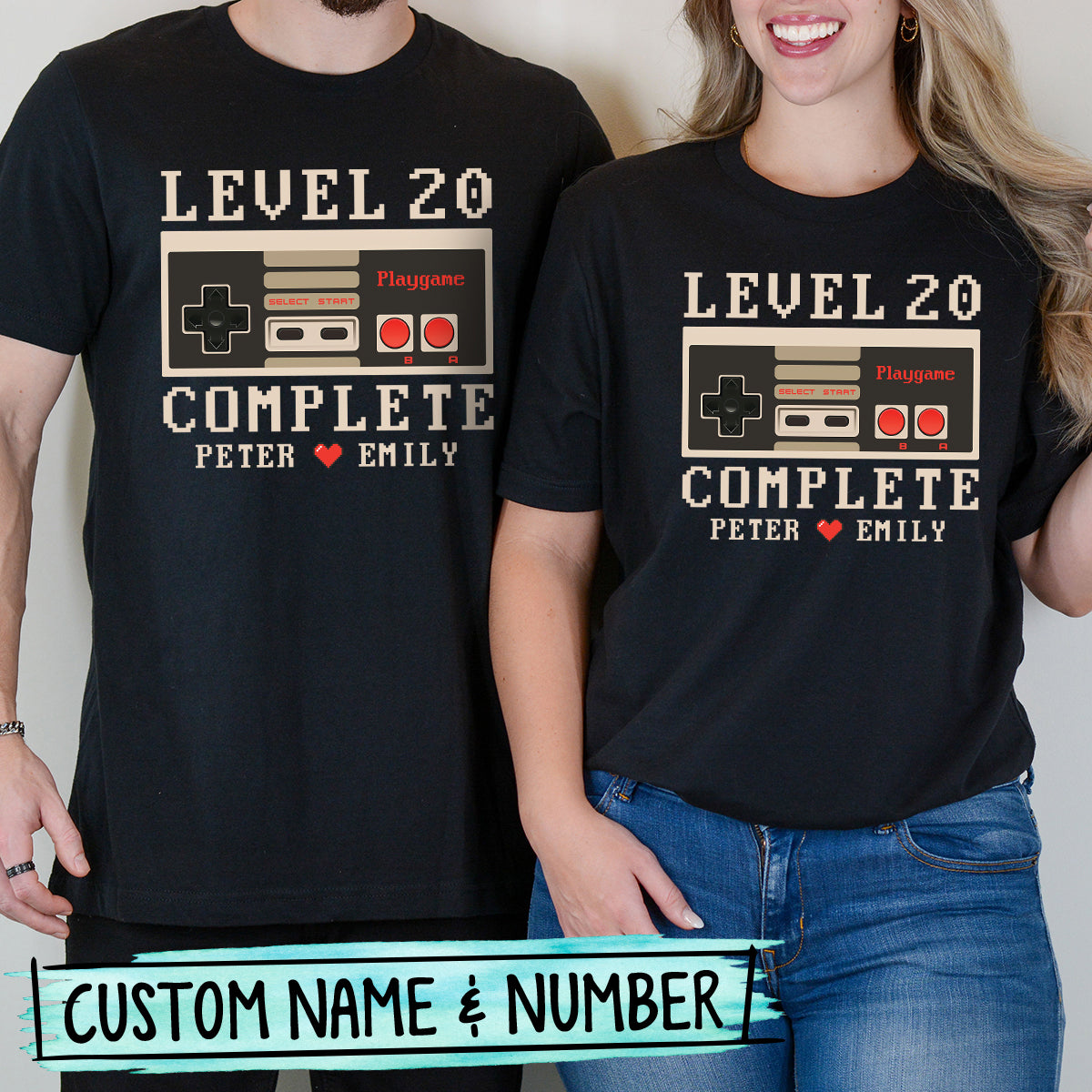 Custom Anniversary Level Complete with Name Matching T-Shirts For Couples