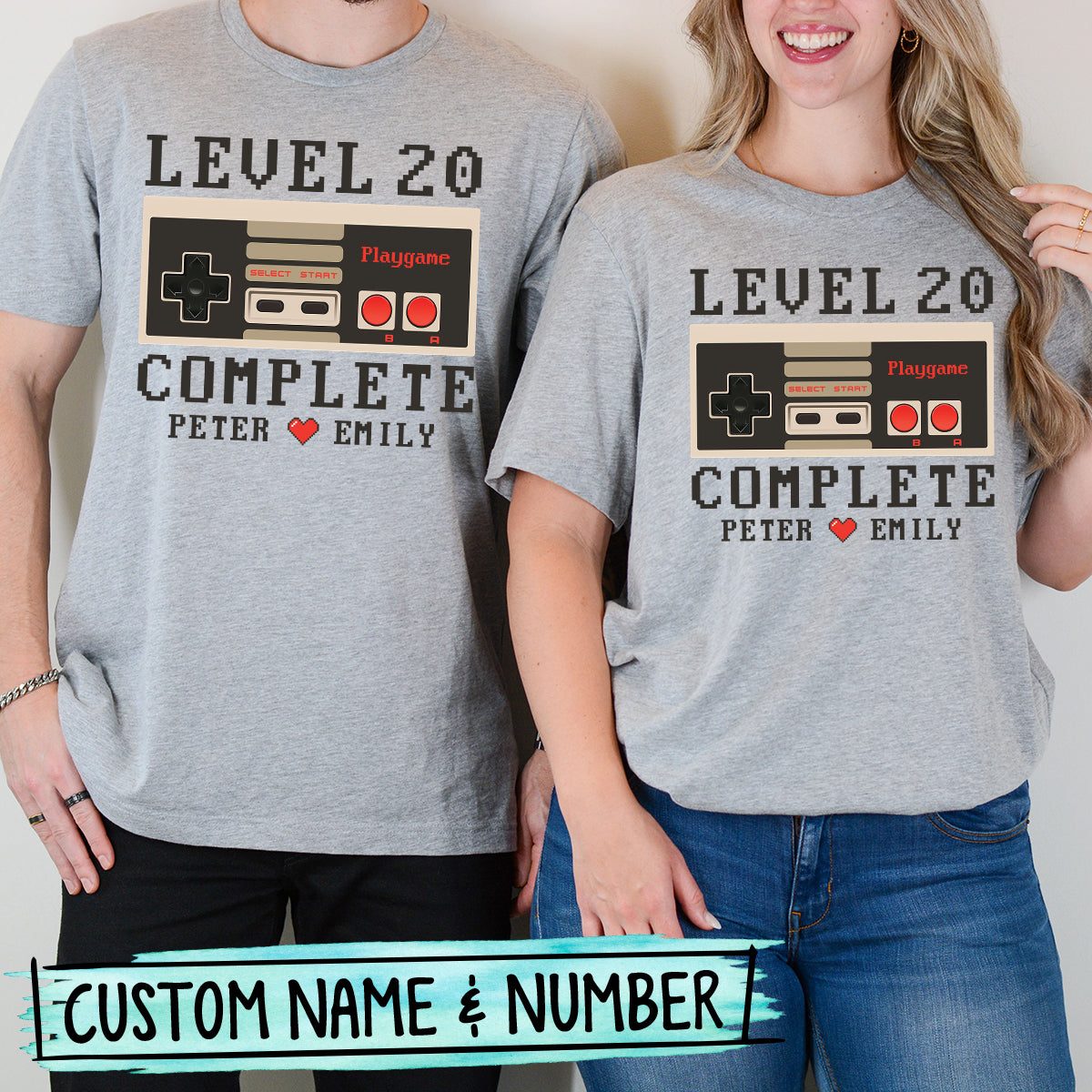 Custom Anniversary Level Complete with Name Matching T-Shirts For Couples