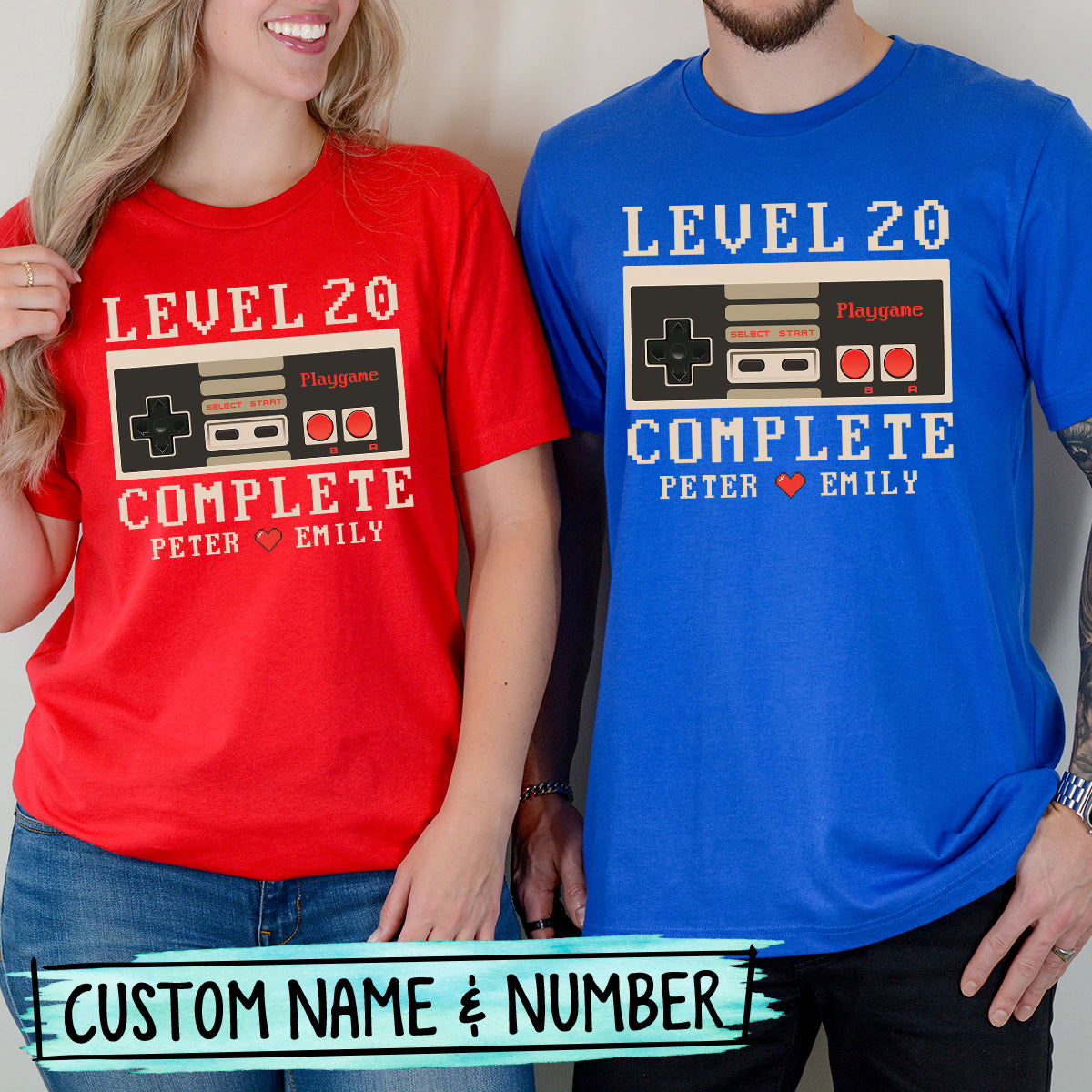 Custom Anniversary Level Complete with Name Matching T-Shirts For Couples