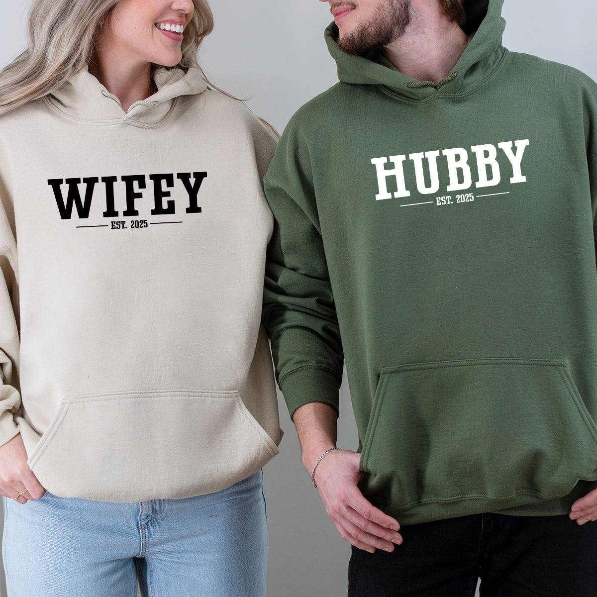 Custom Funny Hubby + Wifey Est Years Matching Hoodies For Couples