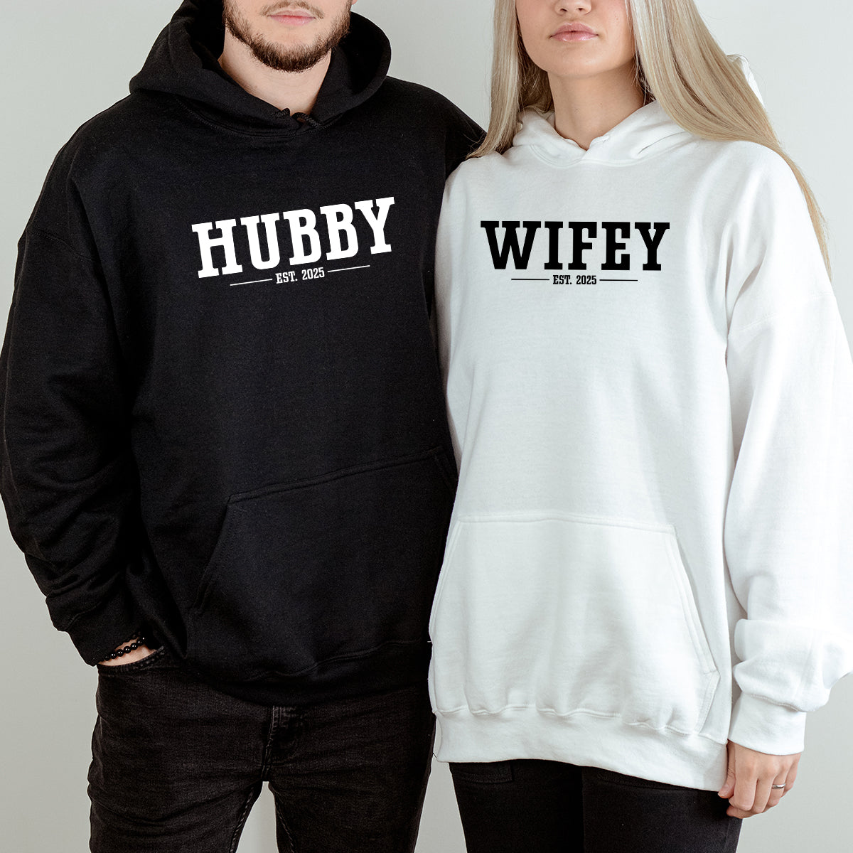 Custom Funny Hubby + Wifey Est Years Matching Hoodies For Couples