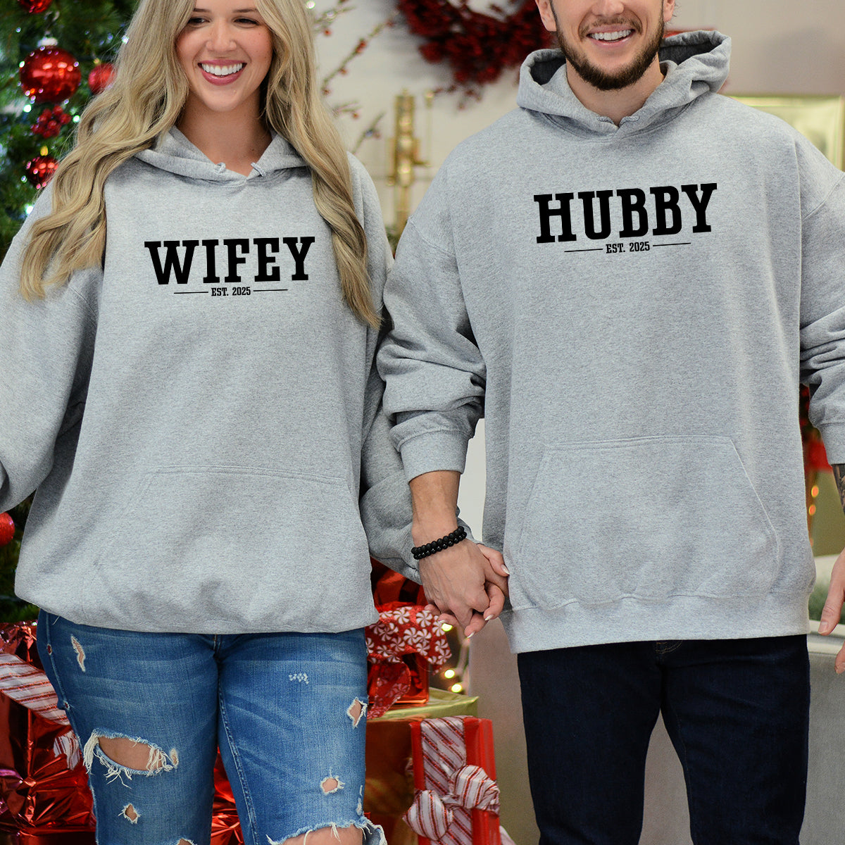 Custom Funny Hubby + Wifey Est Years Matching Hoodies For Couples