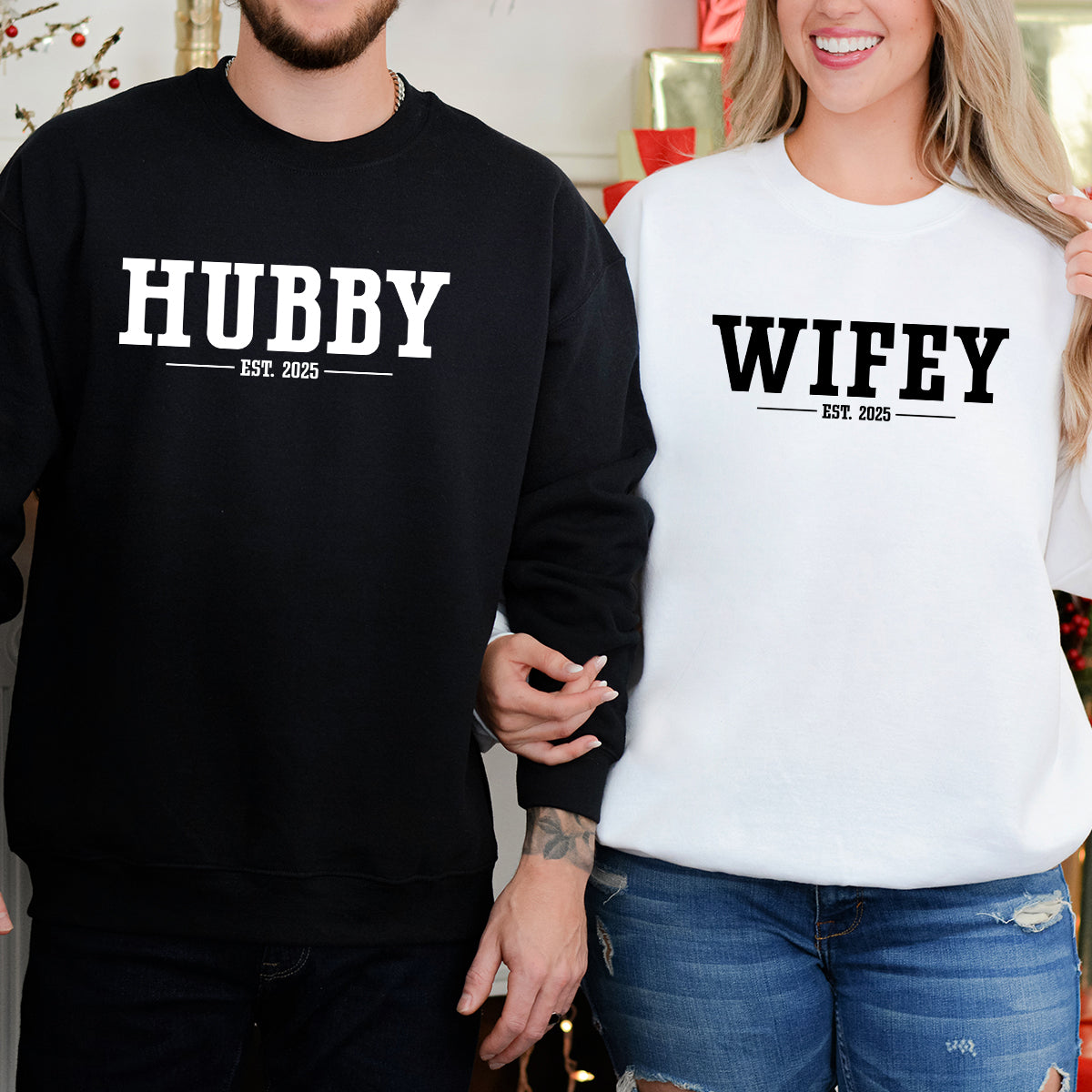 Custom Funny Hubby + Wifey Est Years Matching Hoodies For Couples