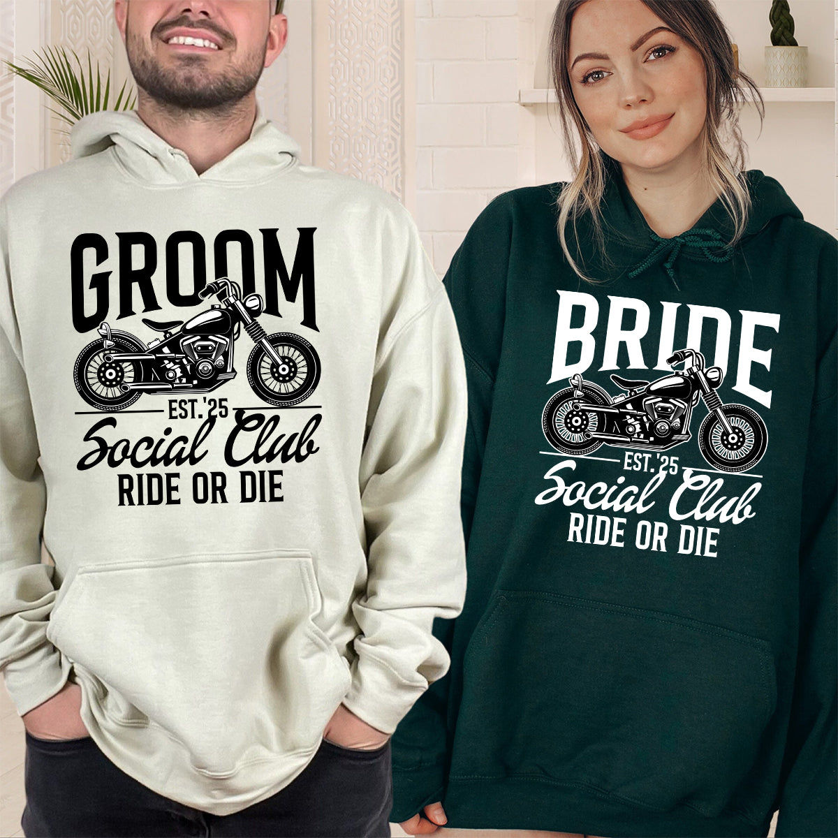 Custom Groom Bride Social Club Ride or Die Matching Hoodies For Couples