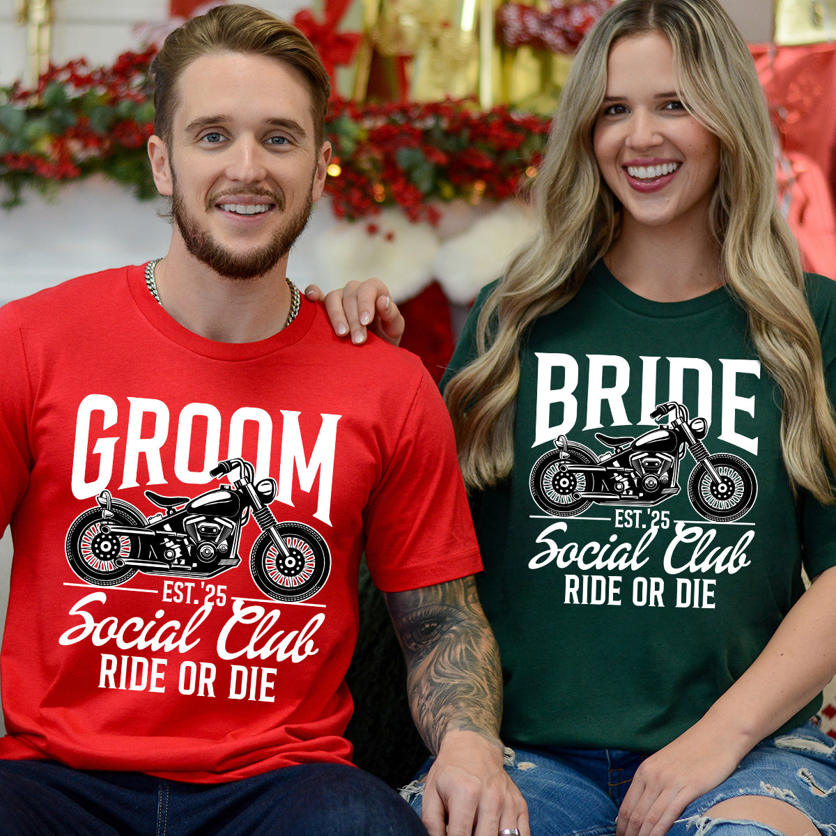 Custom Groom Bride Social Club Ride or Die Matching T-Shirts For Couples