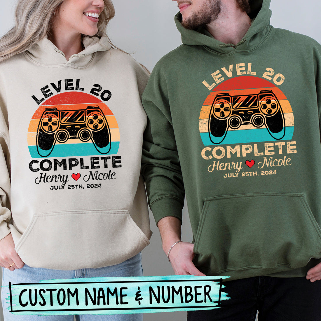 Custom Vintage Anniversary Level Complete with Name Matching Hoodies For Couples