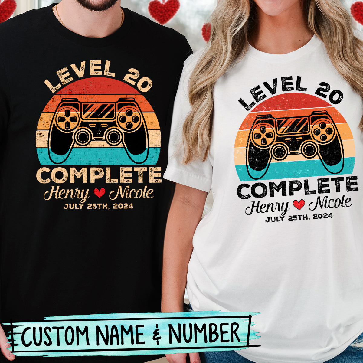 Custom Vintage Anniversary Level Complete with Name Matching T-Shirts For Couples