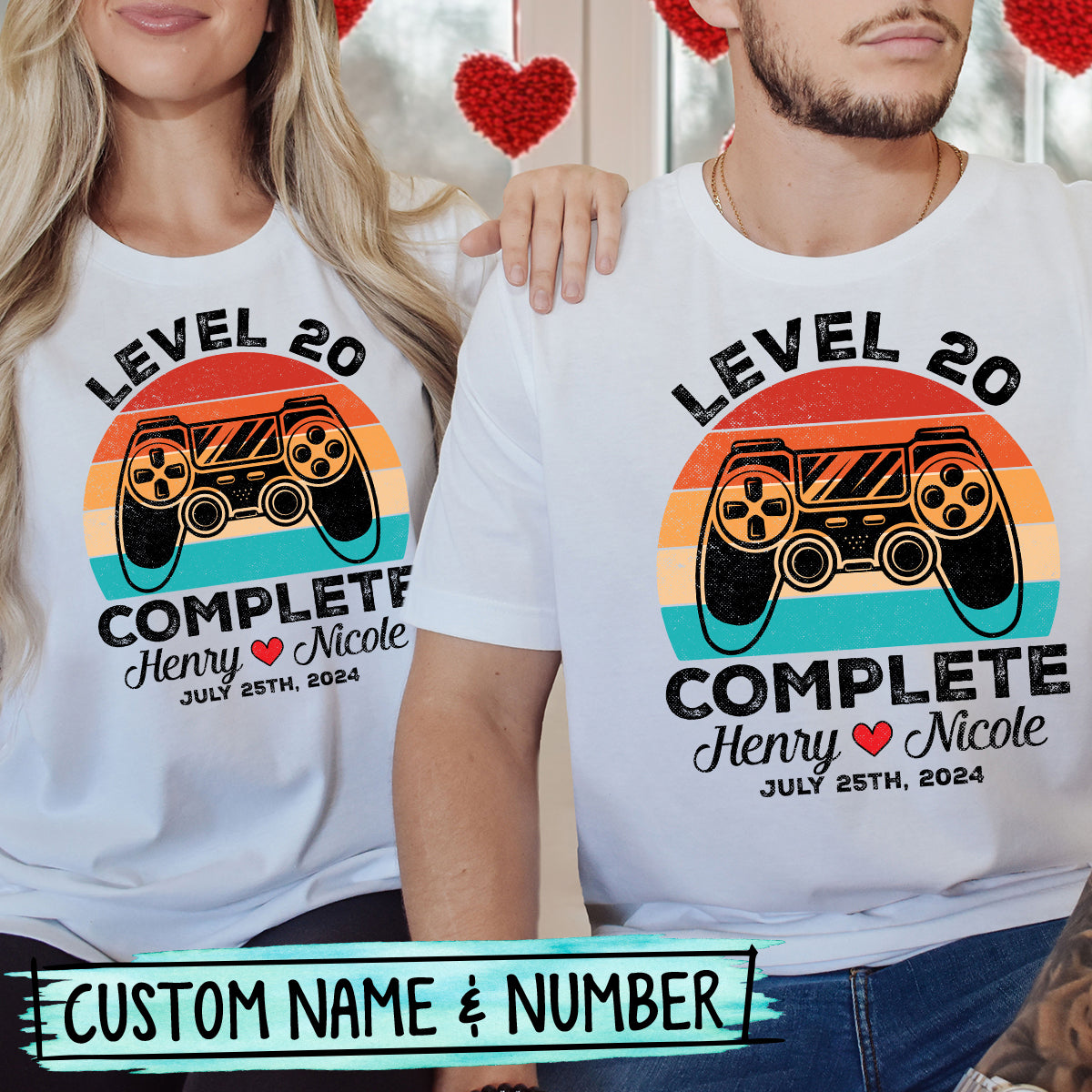 Custom Vintage Anniversary Level Complete with Name Matching T-Shirts For Couples