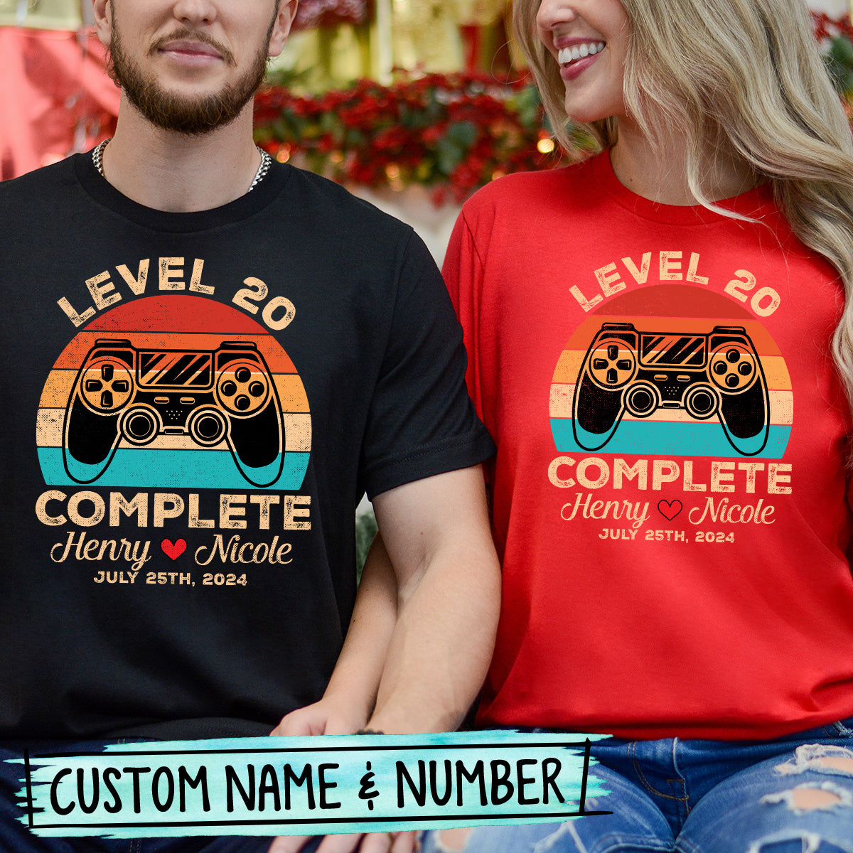 Custom Vintage Anniversary Level Complete with Name Matching T-Shirts For Couples