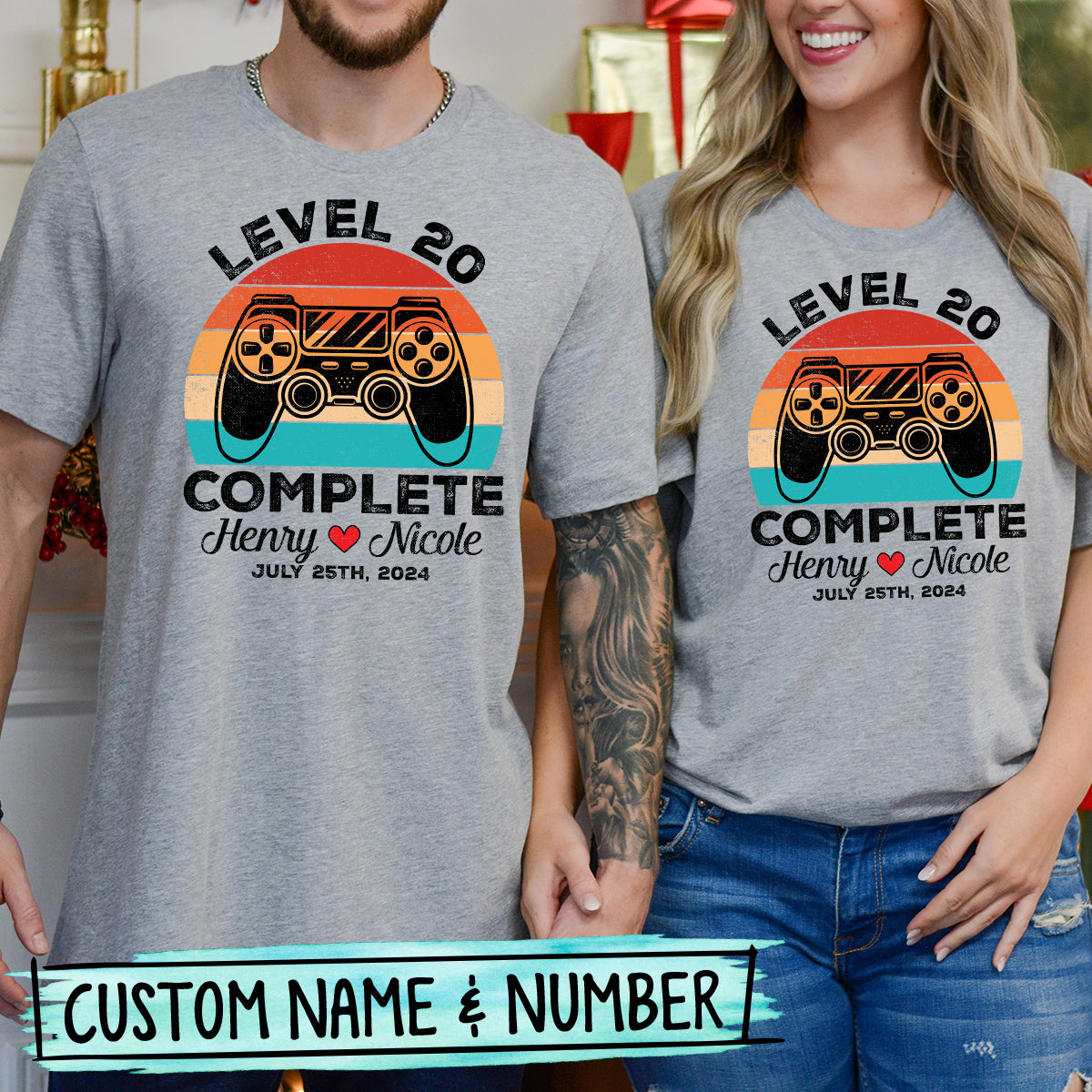 Custom Vintage Anniversary Level Complete with Name Matching T-Shirts For Couples