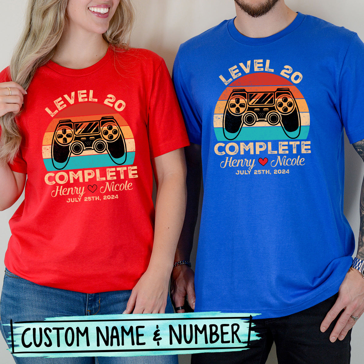 Custom Vintage Anniversary Level Complete with Name Matching T-Shirts For Couples