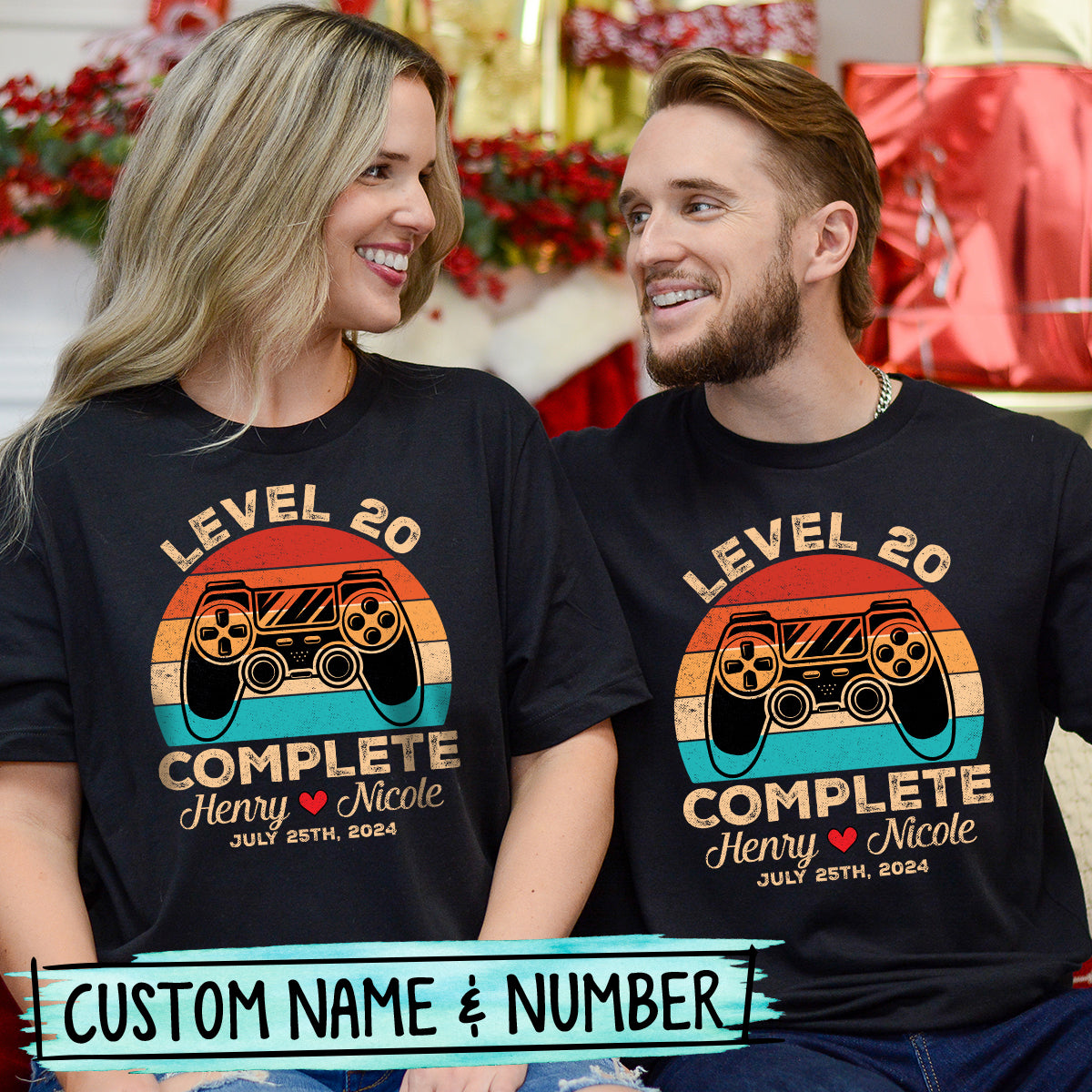 Custom Vintage Anniversary Level Complete with Name Matching T-Shirts For Couples