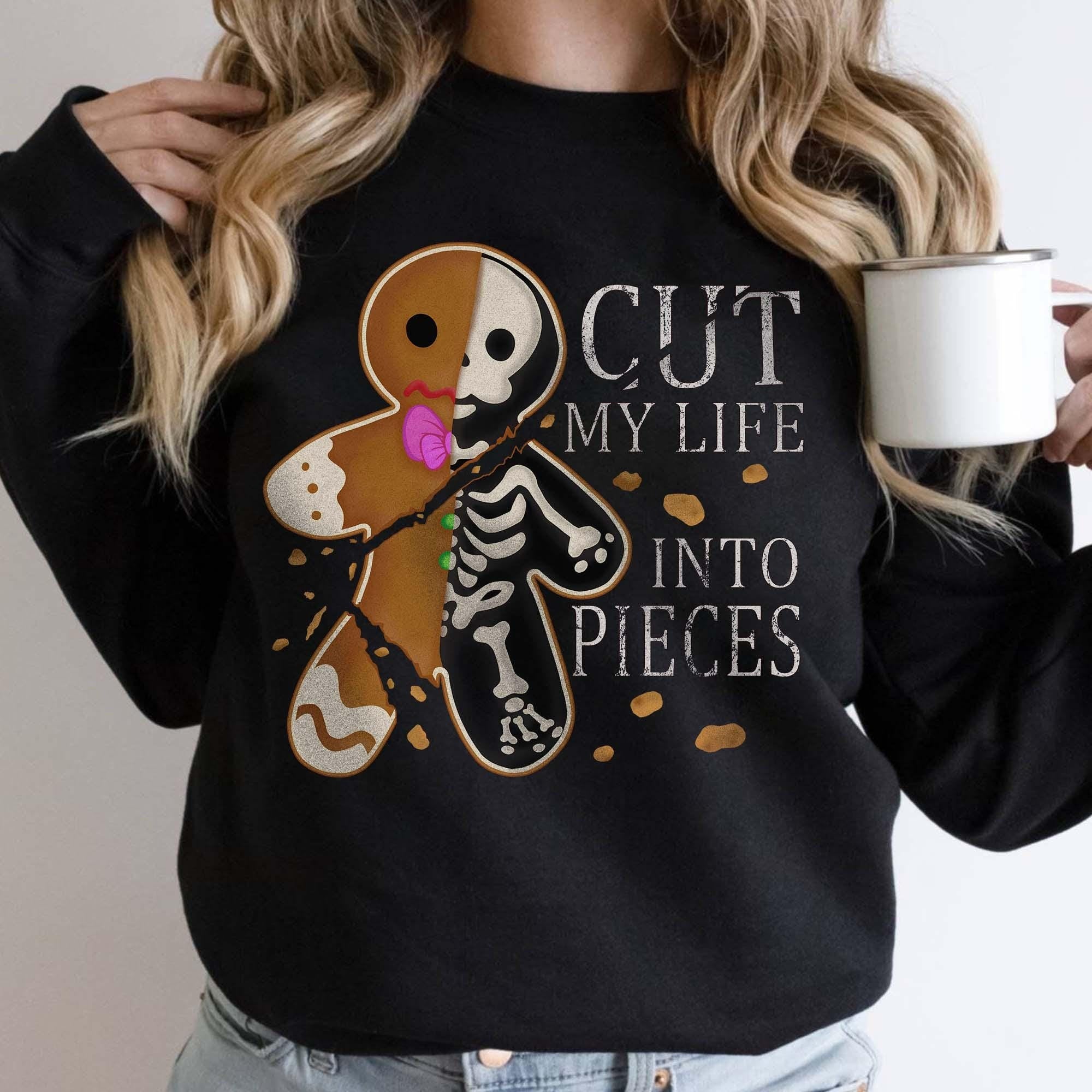 Cut My Life Into Pieces Gingerbread Christmas Sweatshirt – Elder Emo Christmas Shirt – Goth Black Aesthetic Creepmas Sweater