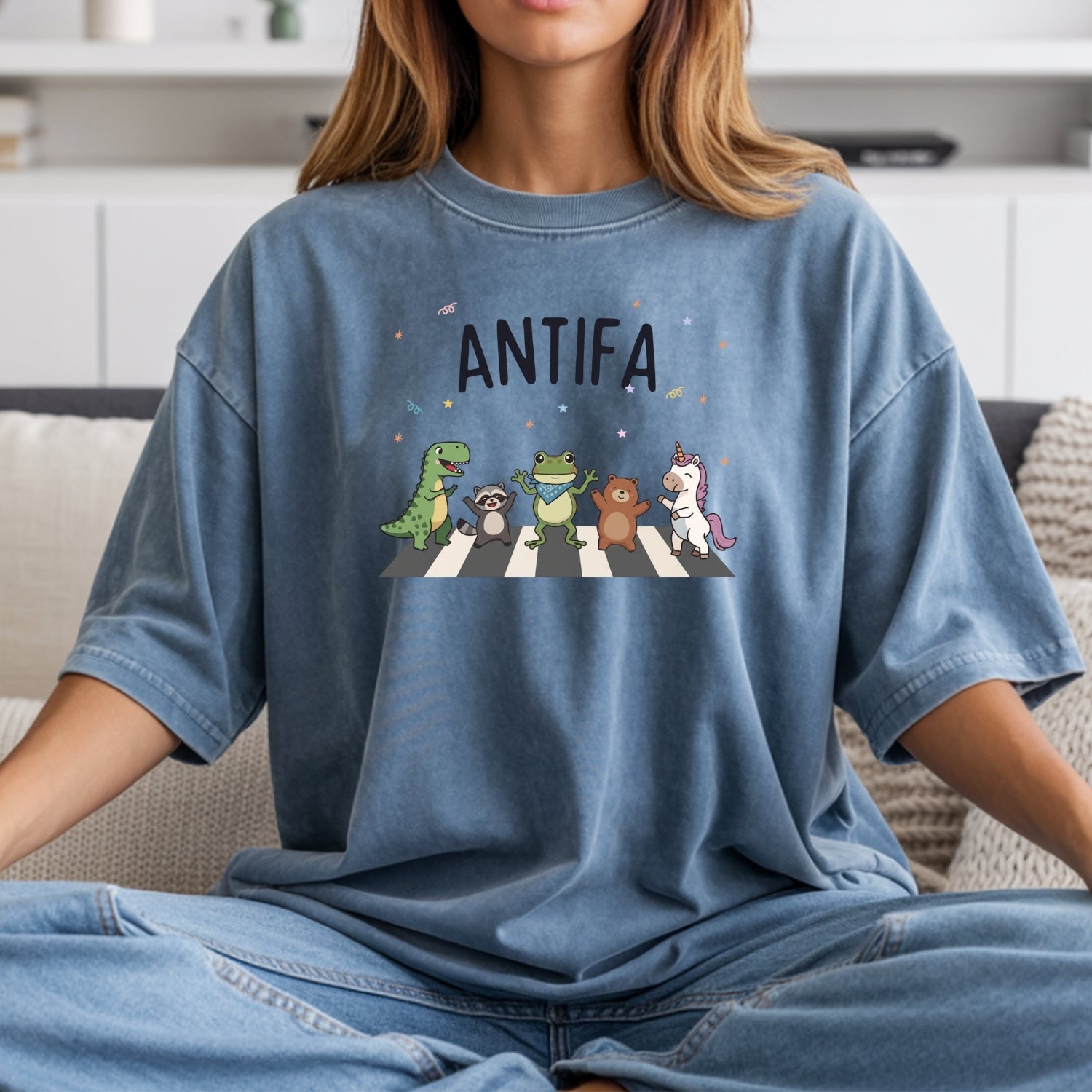 Cute Animal Friends Crossing T-Shirt - Frog Dinosaur Unicorn Graphic Tee