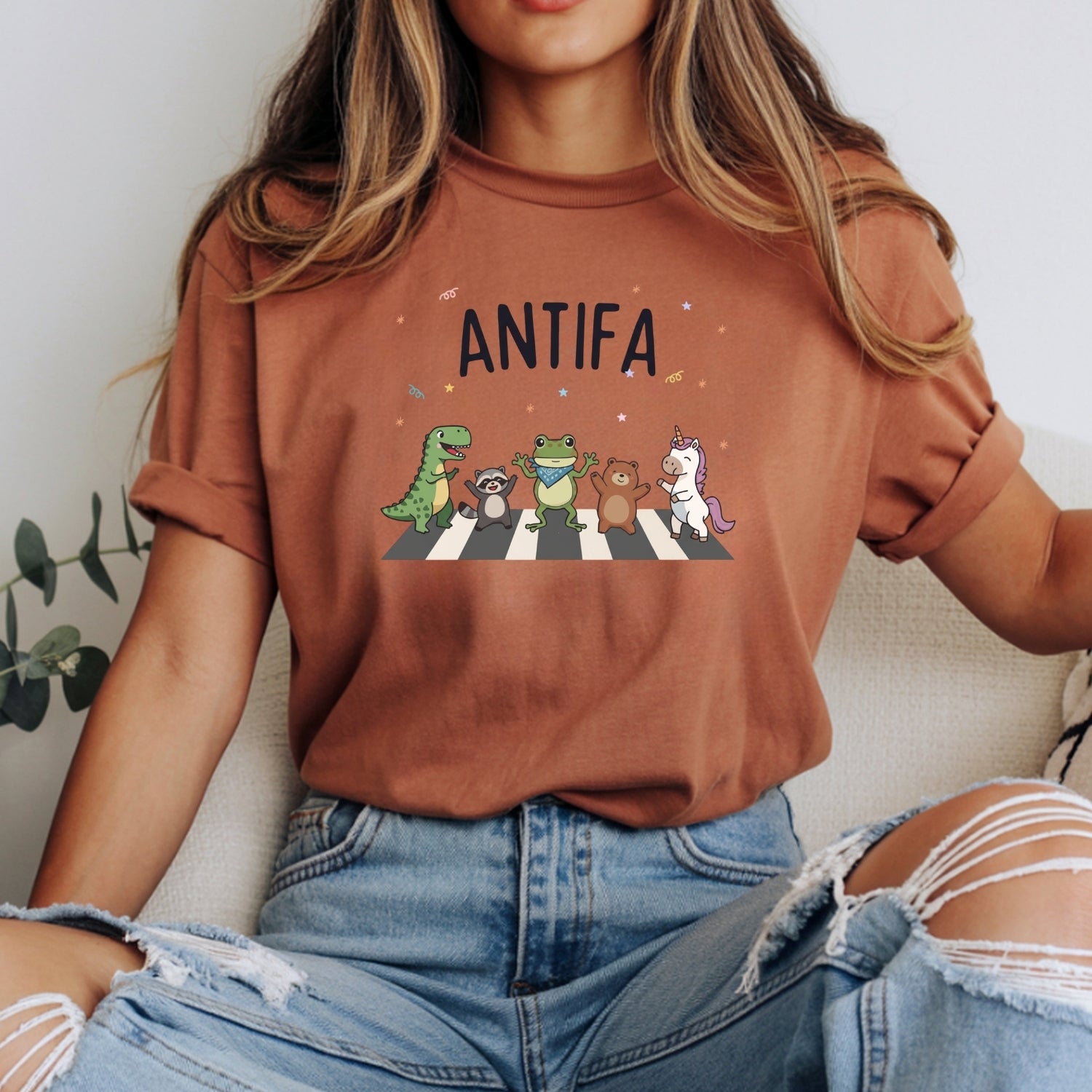 Cute Animal Friends Crossing T-Shirt - Frog Dinosaur Unicorn Graphic Tee