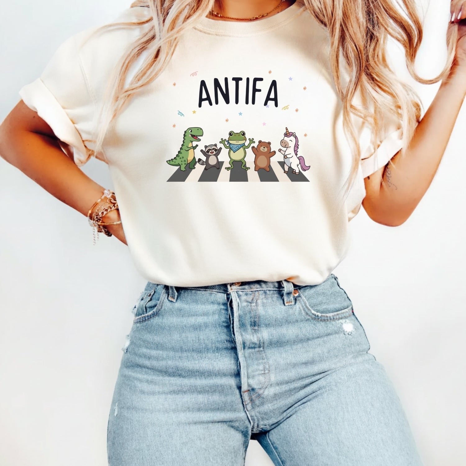 Cute Animal Friends Crossing T-Shirt - Frog Dinosaur Unicorn Graphic Tee