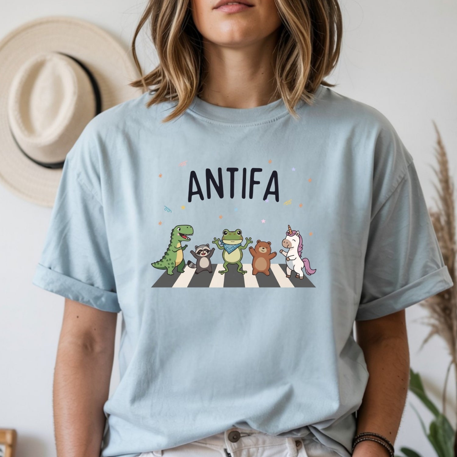 Cute Animal Friends Crossing T-Shirt - Frog Dinosaur Unicorn Graphic Tee