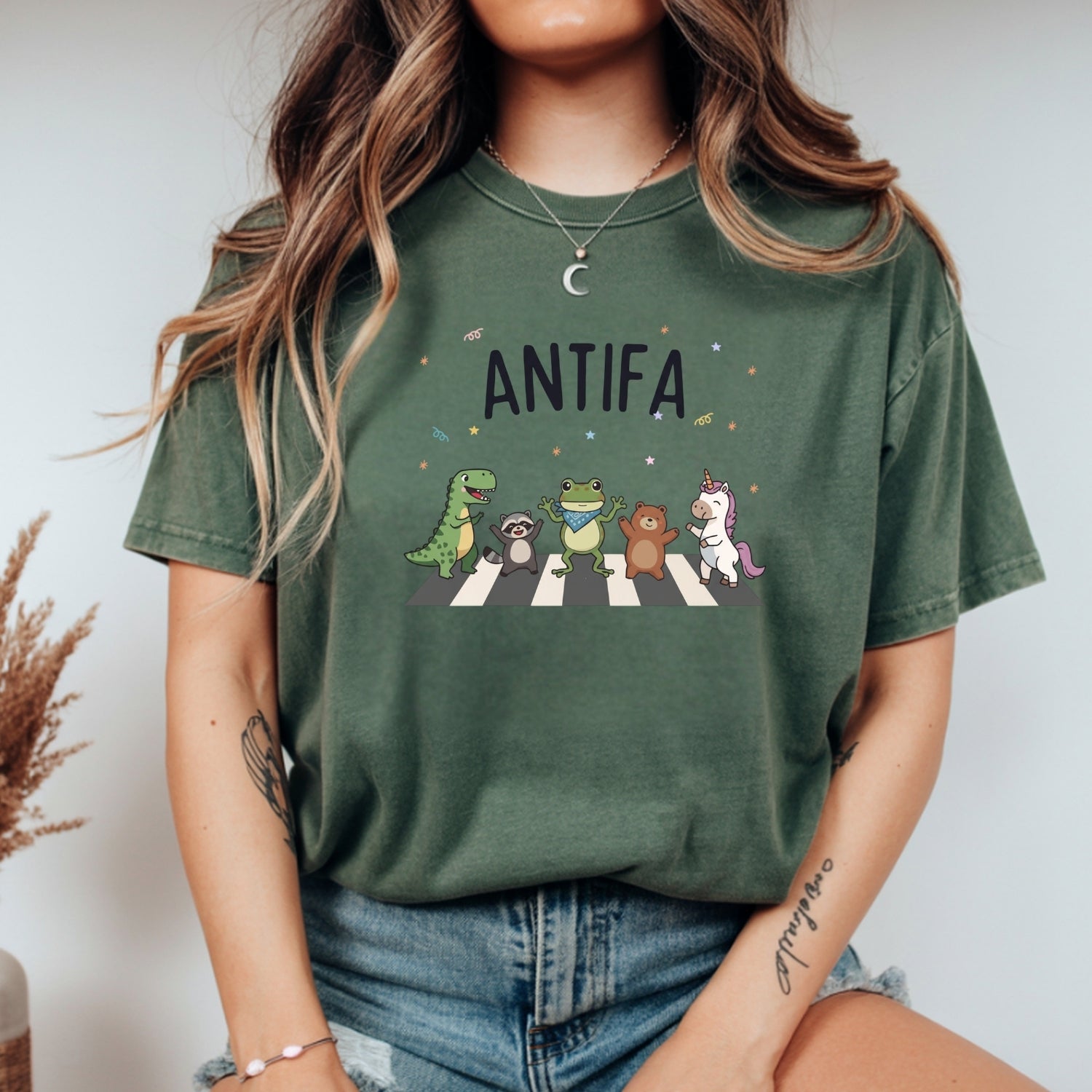 Cute Animal Friends Crossing T-Shirt - Frog Dinosaur Unicorn Graphic Tee