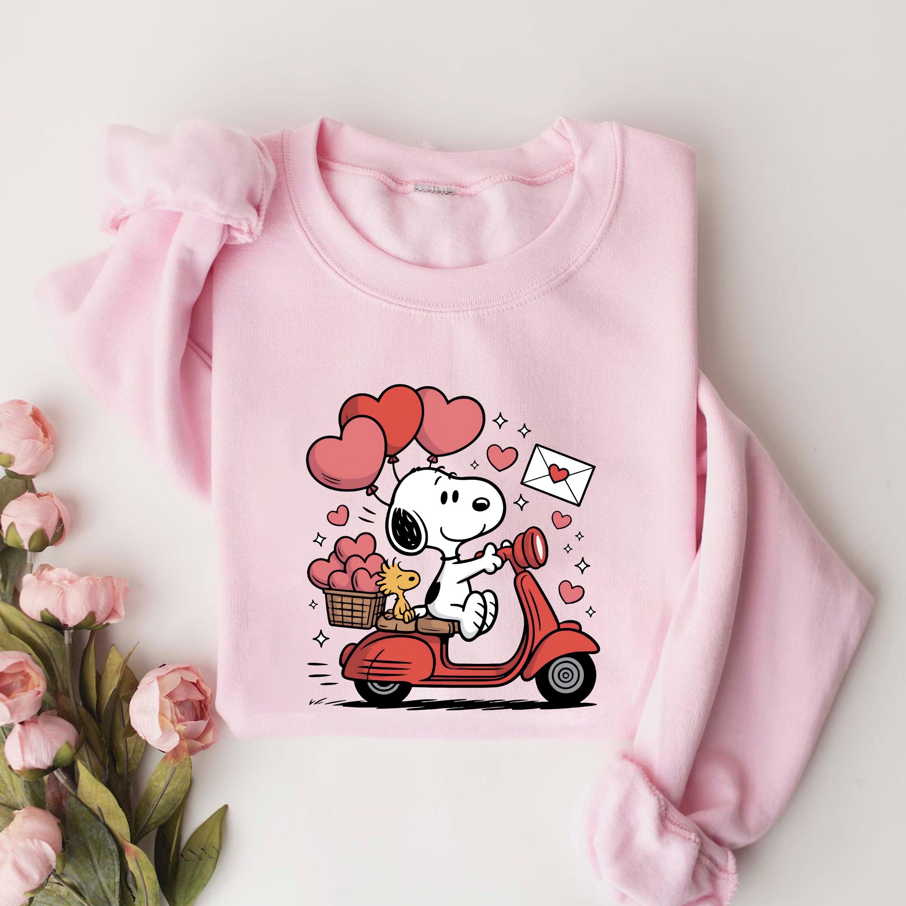 Cute Puppy Valentine Graphic Sweatshirt – Scooter Dog with Heart Balloons