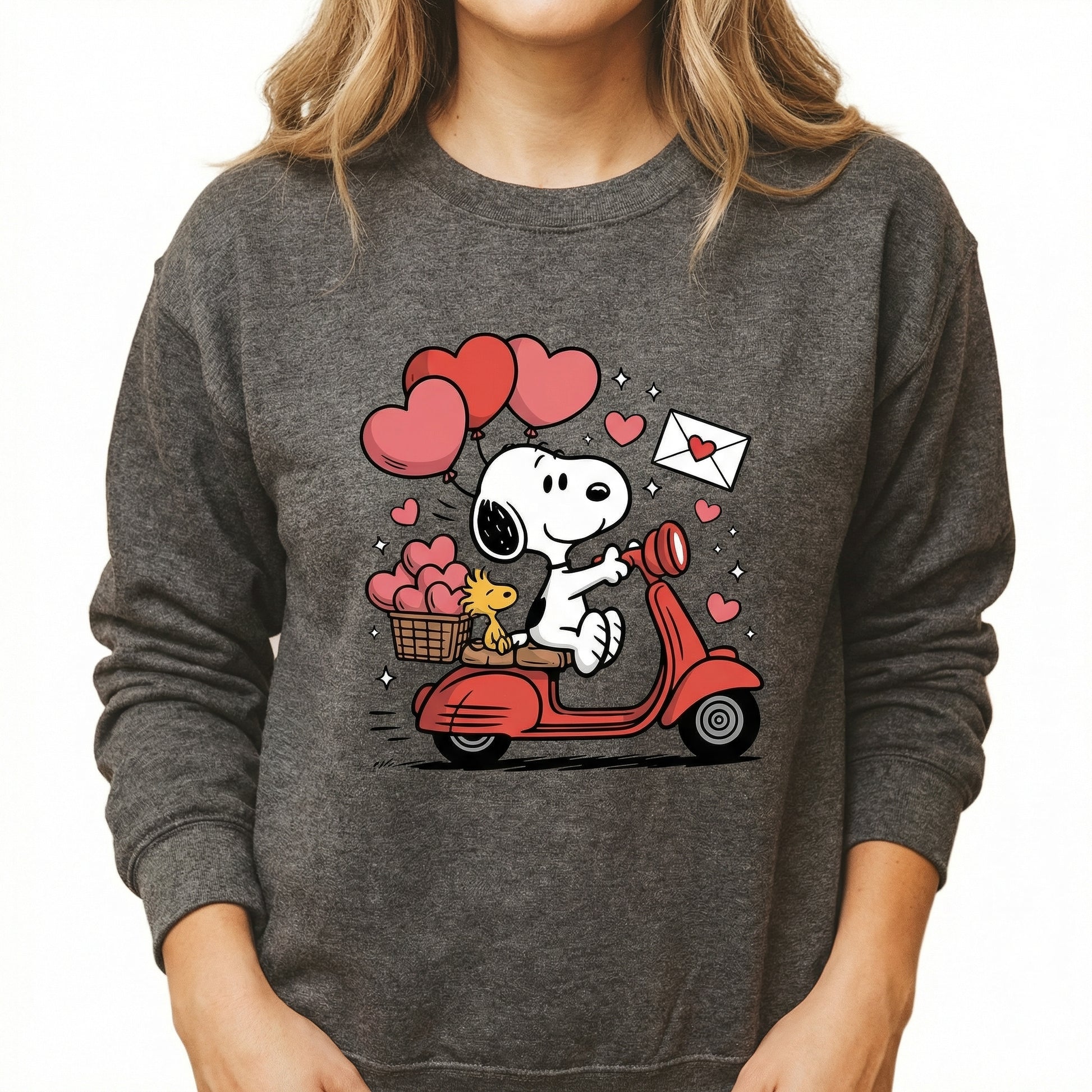 Cute Puppy Valentine Graphic Sweatshirt – Scooter Dog with Heart Balloons